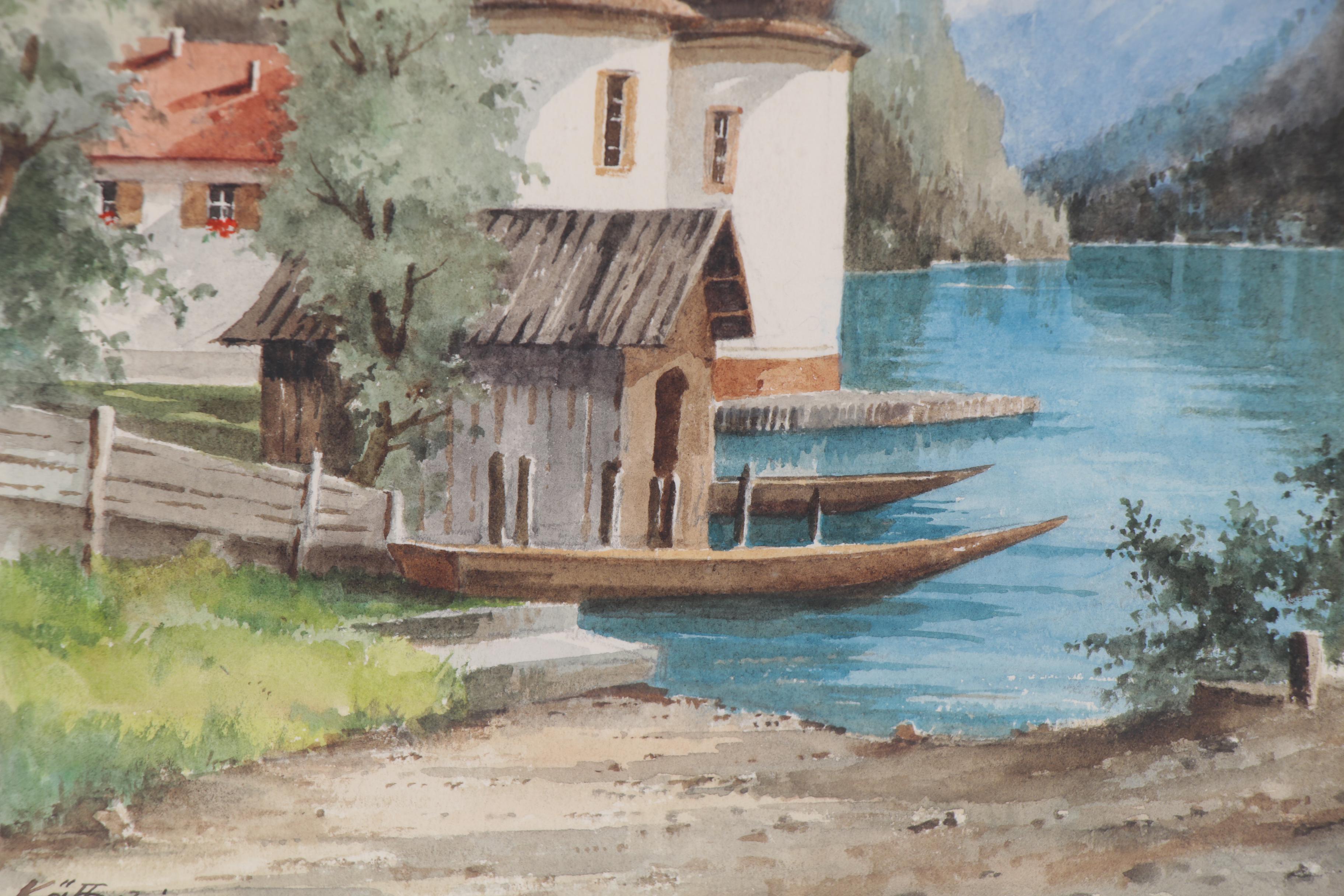 Käfferlein Watercolor Painting "St. Bartholomew, Königsee," Late 20th Century