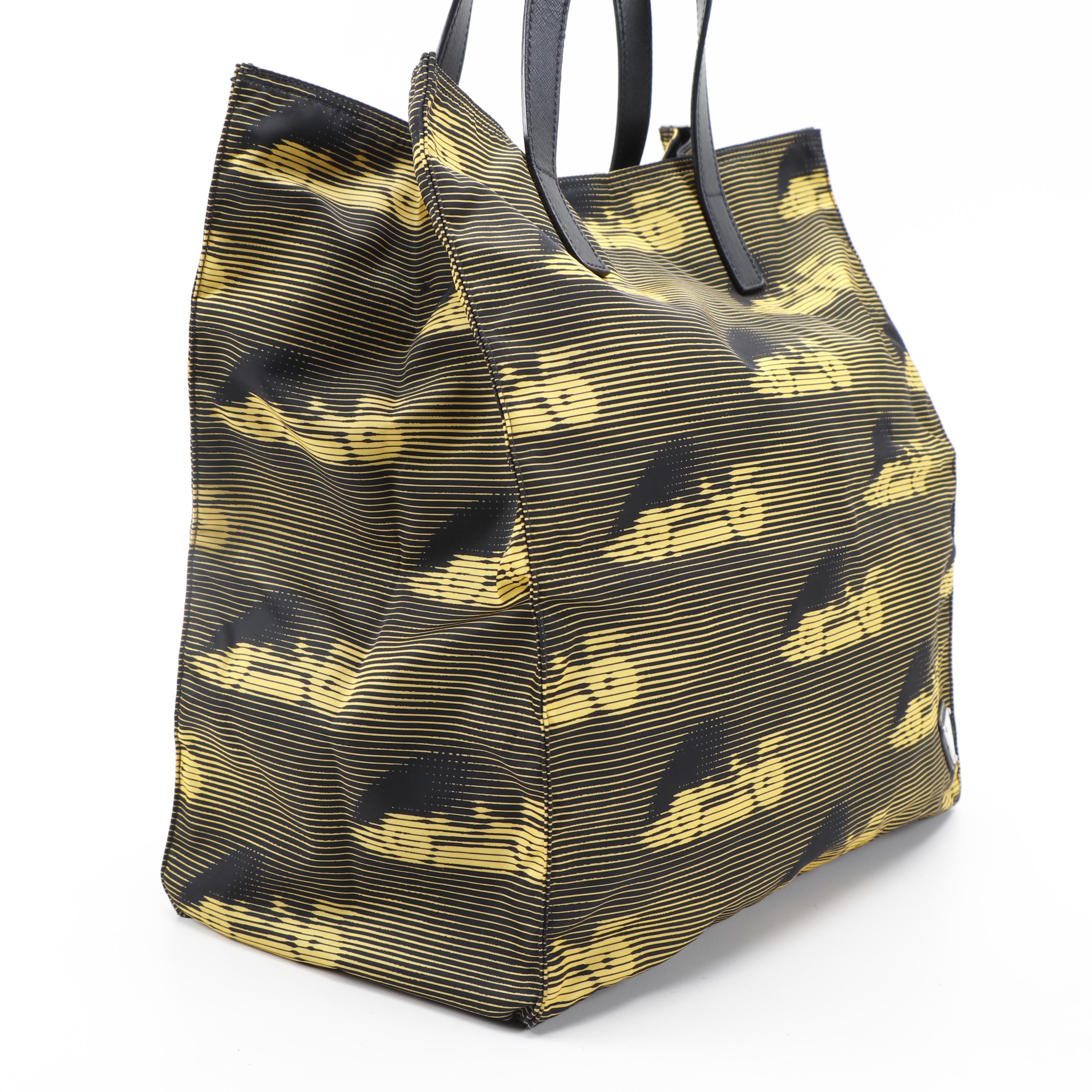 Prada Racing Stripe Printed Nylon and Black Leather Tote Bag
