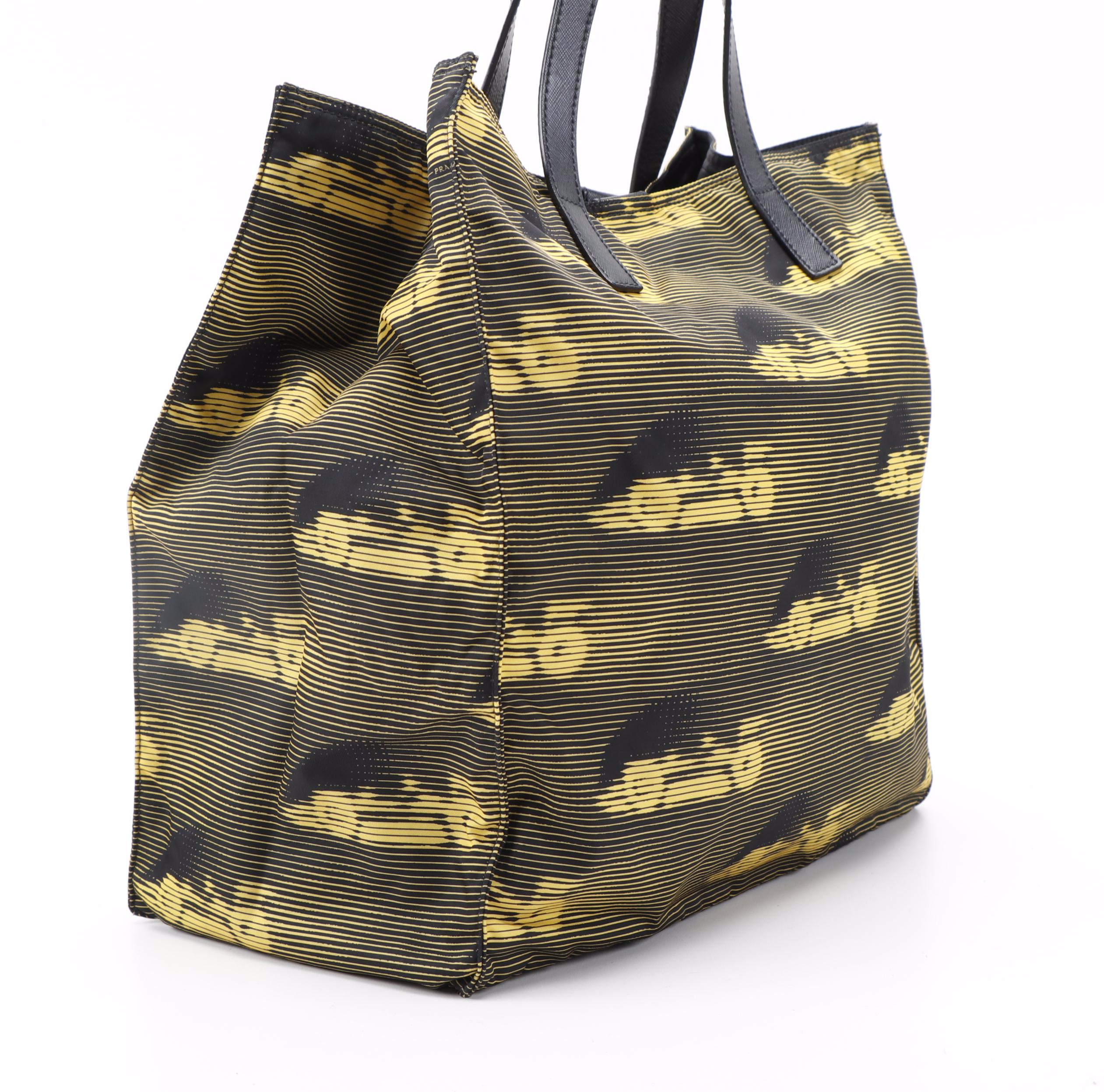 Prada Racing Stripe Printed Nylon and Black Leather Tote Bag