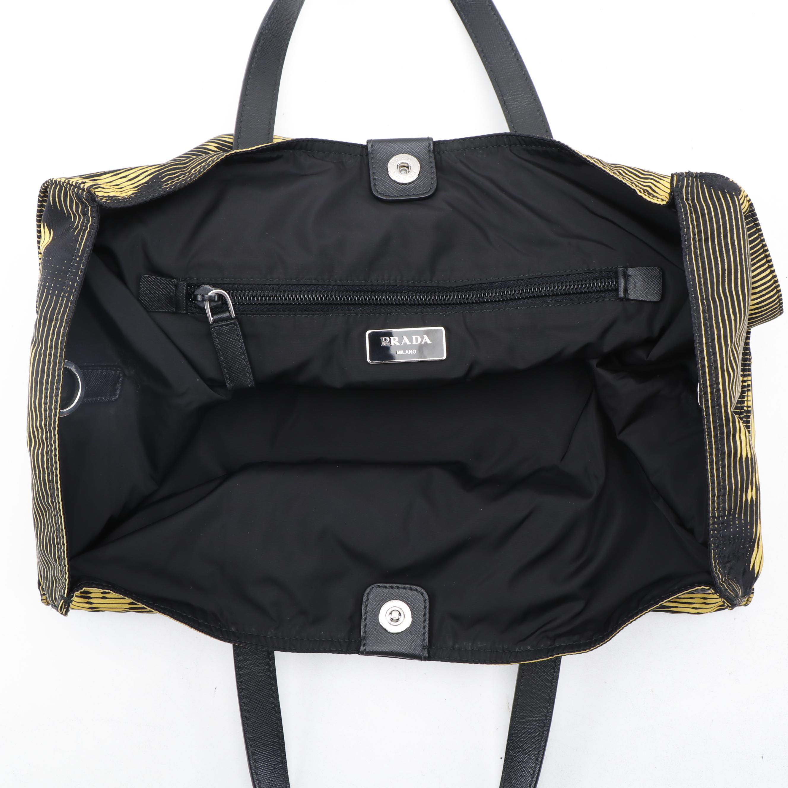 Prada Racing Stripe Printed Nylon and Black Leather Tote Bag