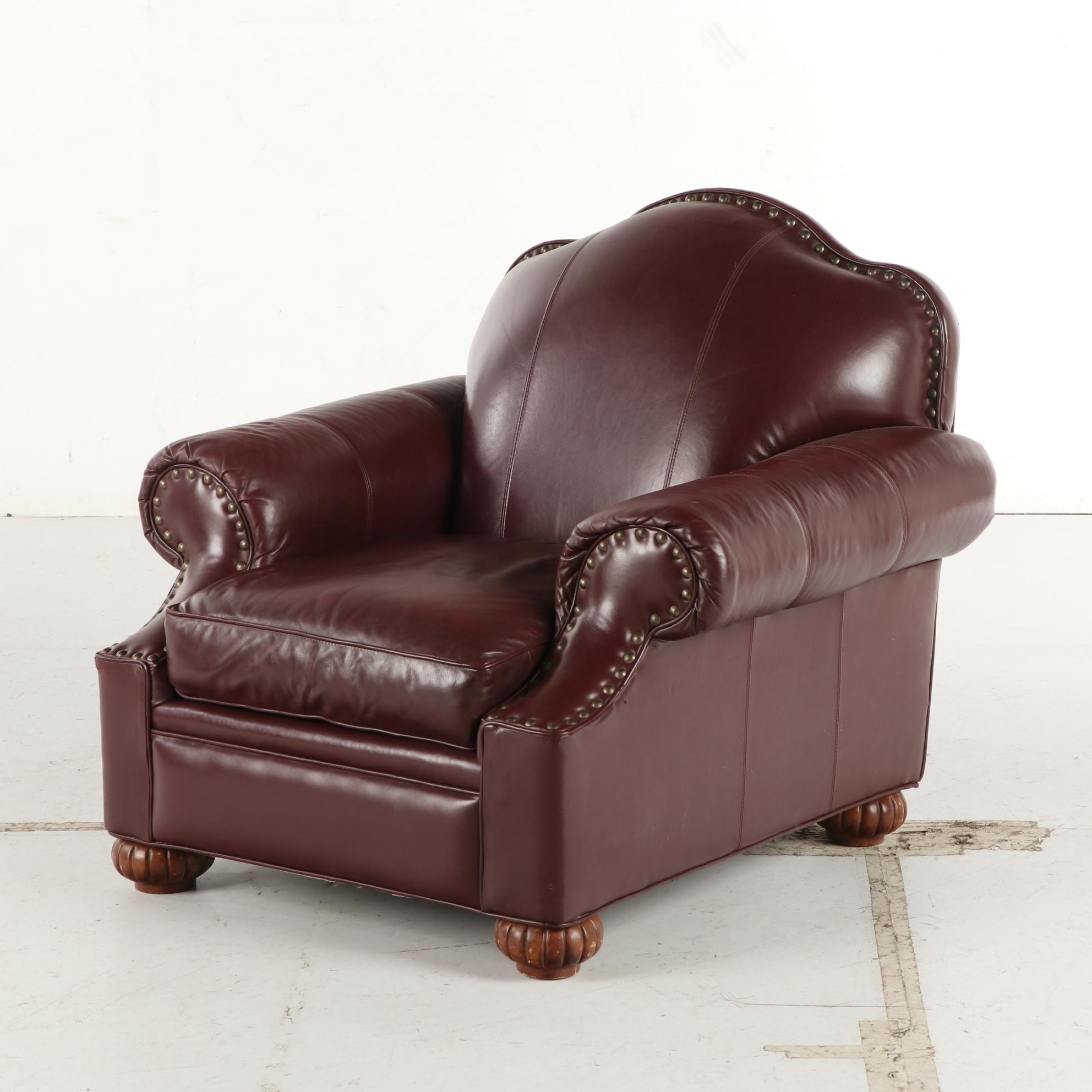 Bob Timberlake Burgundy Leather and Brass-Tacked Club Chair with Ottoman