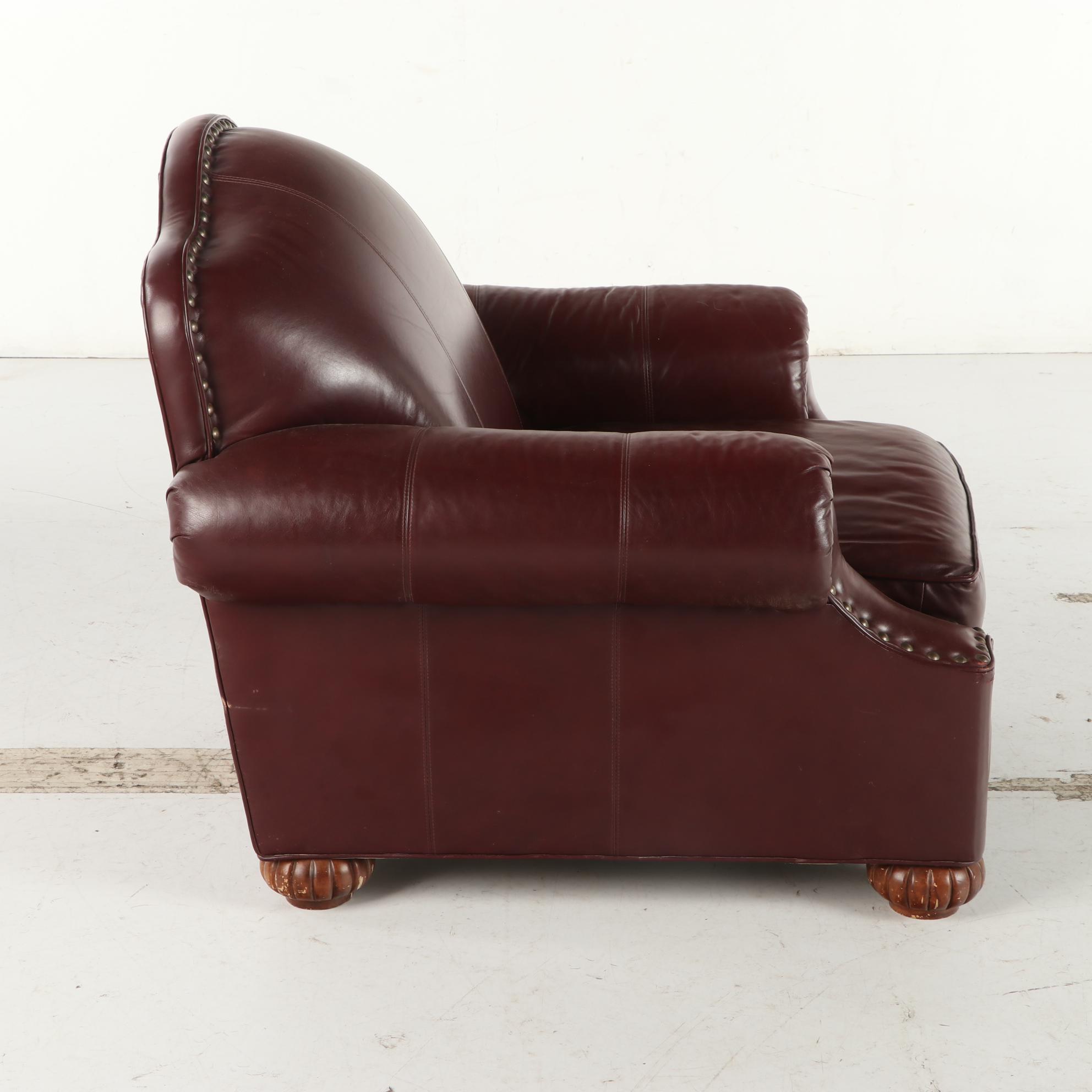 Bob Timberlake Burgundy Leather and Brass-Tacked Club Chair with Ottoman