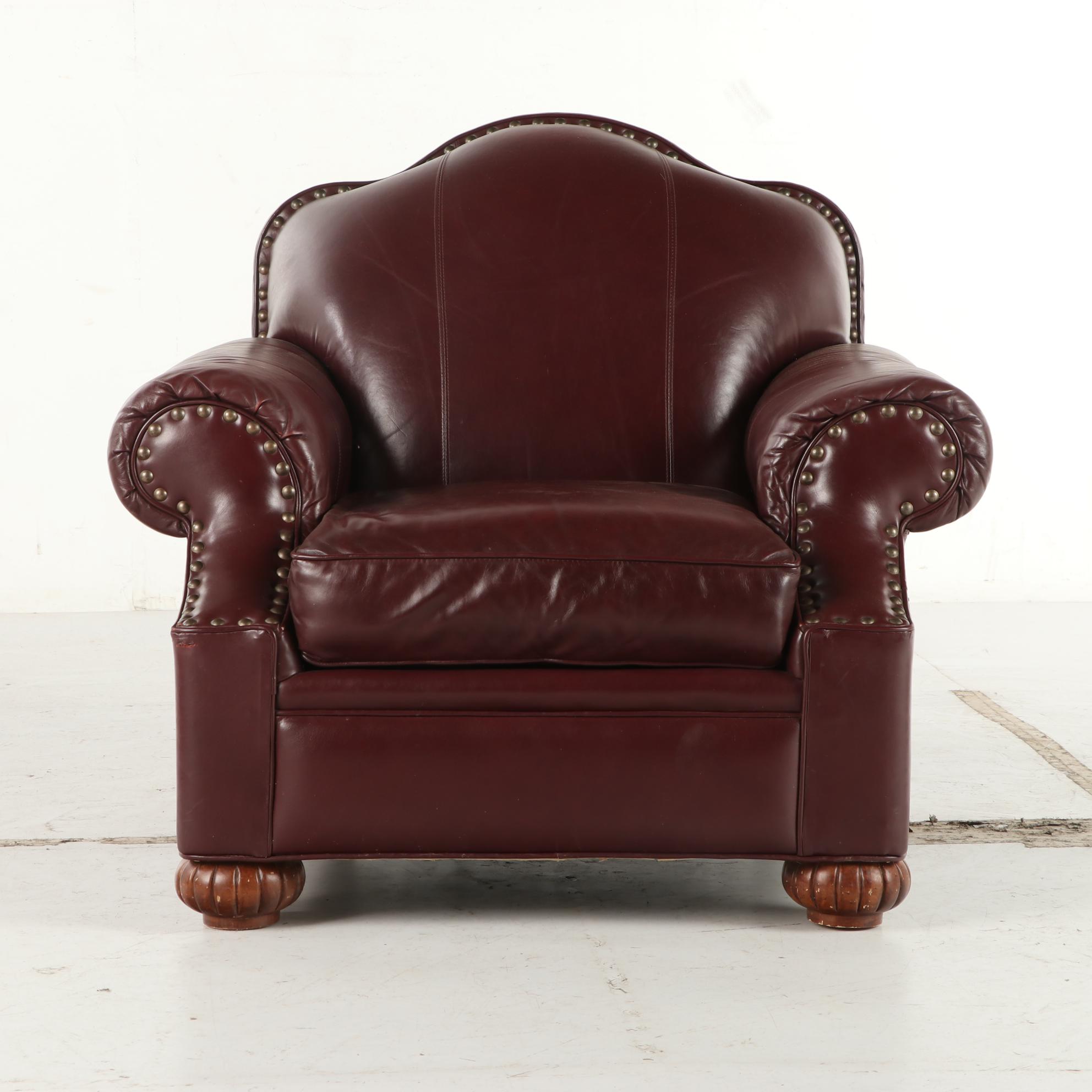 Bob Timberlake Burgundy Leather and Brass-Tacked Club Chair with Ottoman