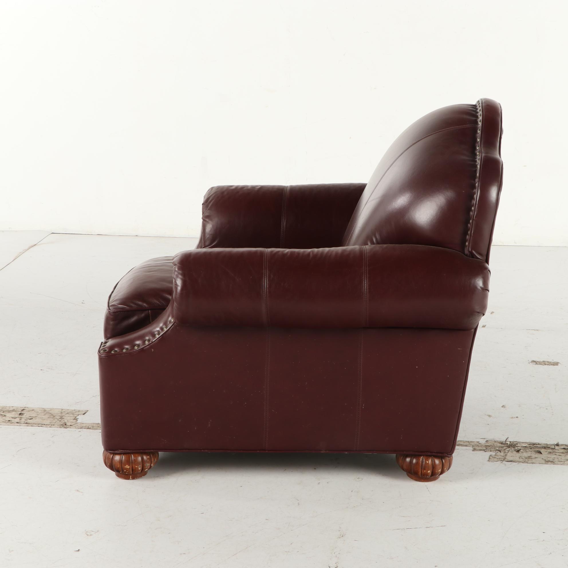 Bob Timberlake Burgundy Leather and Brass-Tacked Club Chair with Ottoman