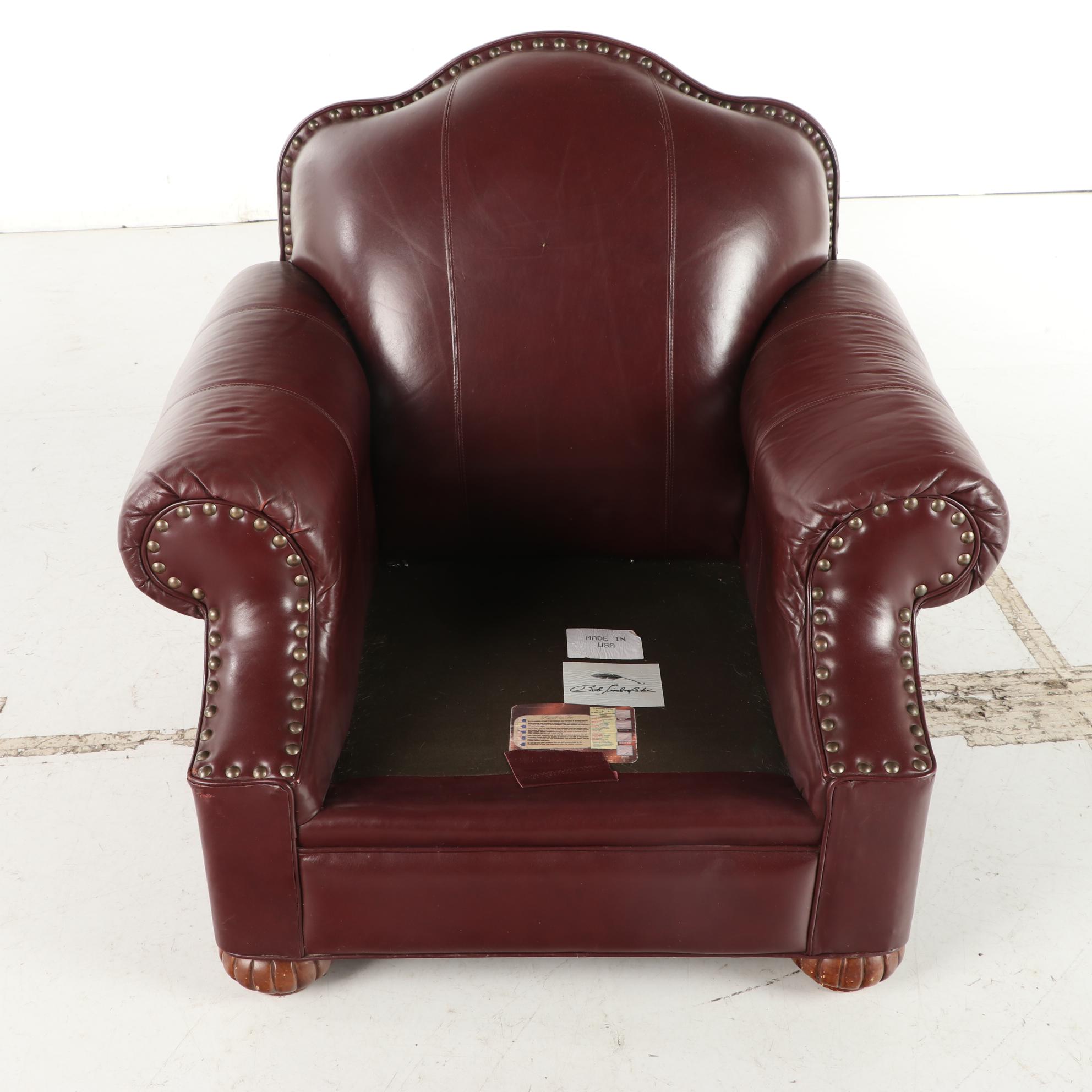 Bob Timberlake Burgundy Leather and Brass-Tacked Club Chair with Ottoman