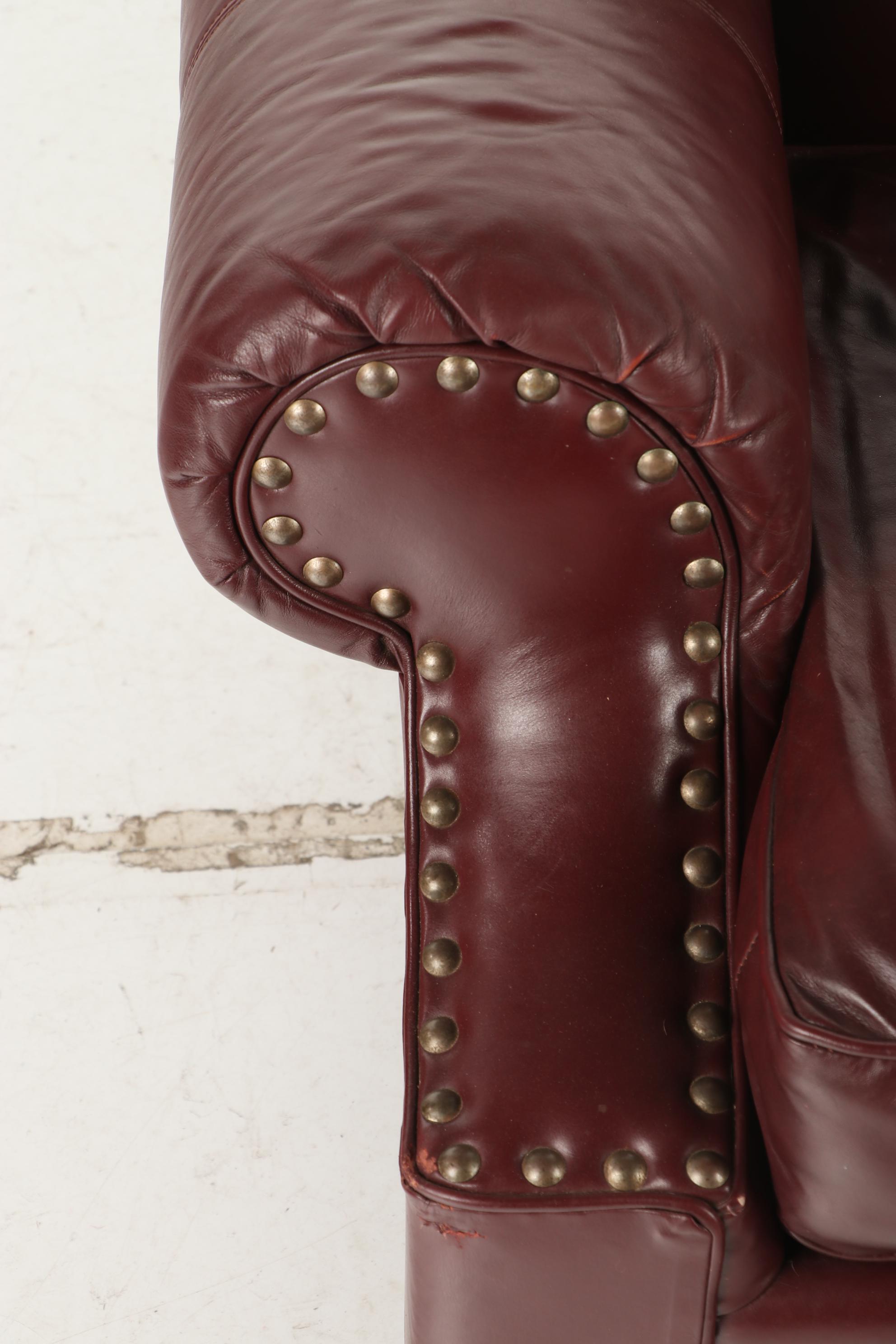Bob Timberlake Burgundy Leather and Brass-Tacked Club Chair with Ottoman