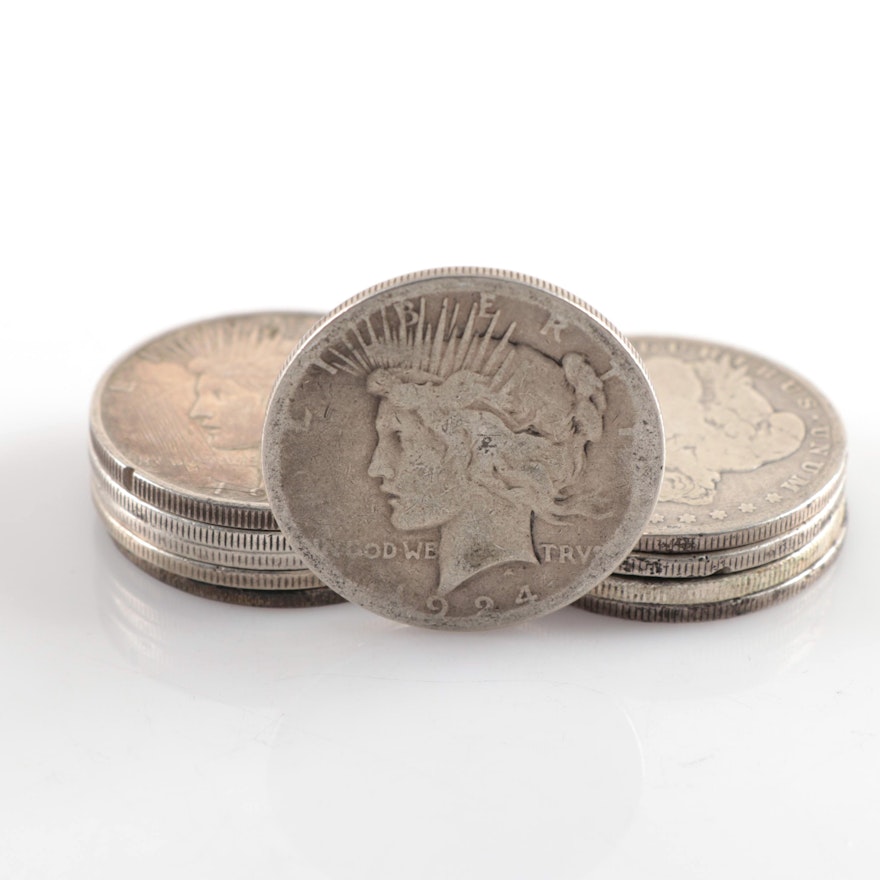 Five Morgan and Five Peace Silver Dollars