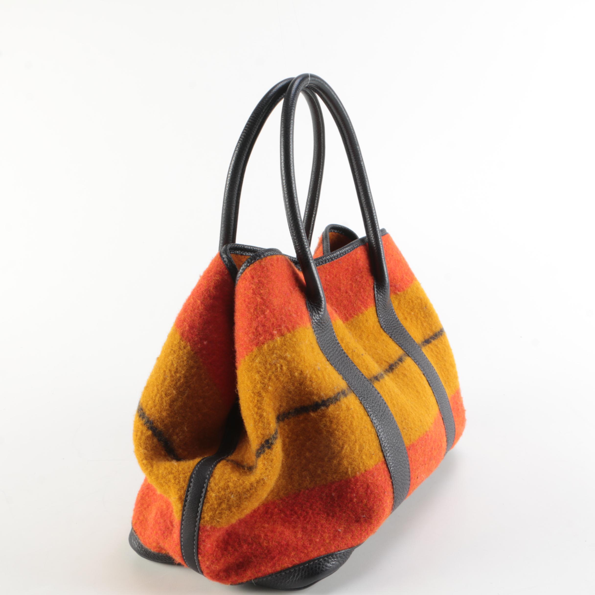 Hermès Garden Party 36 Tote in Striped Wool Rocabar and Navy Leather