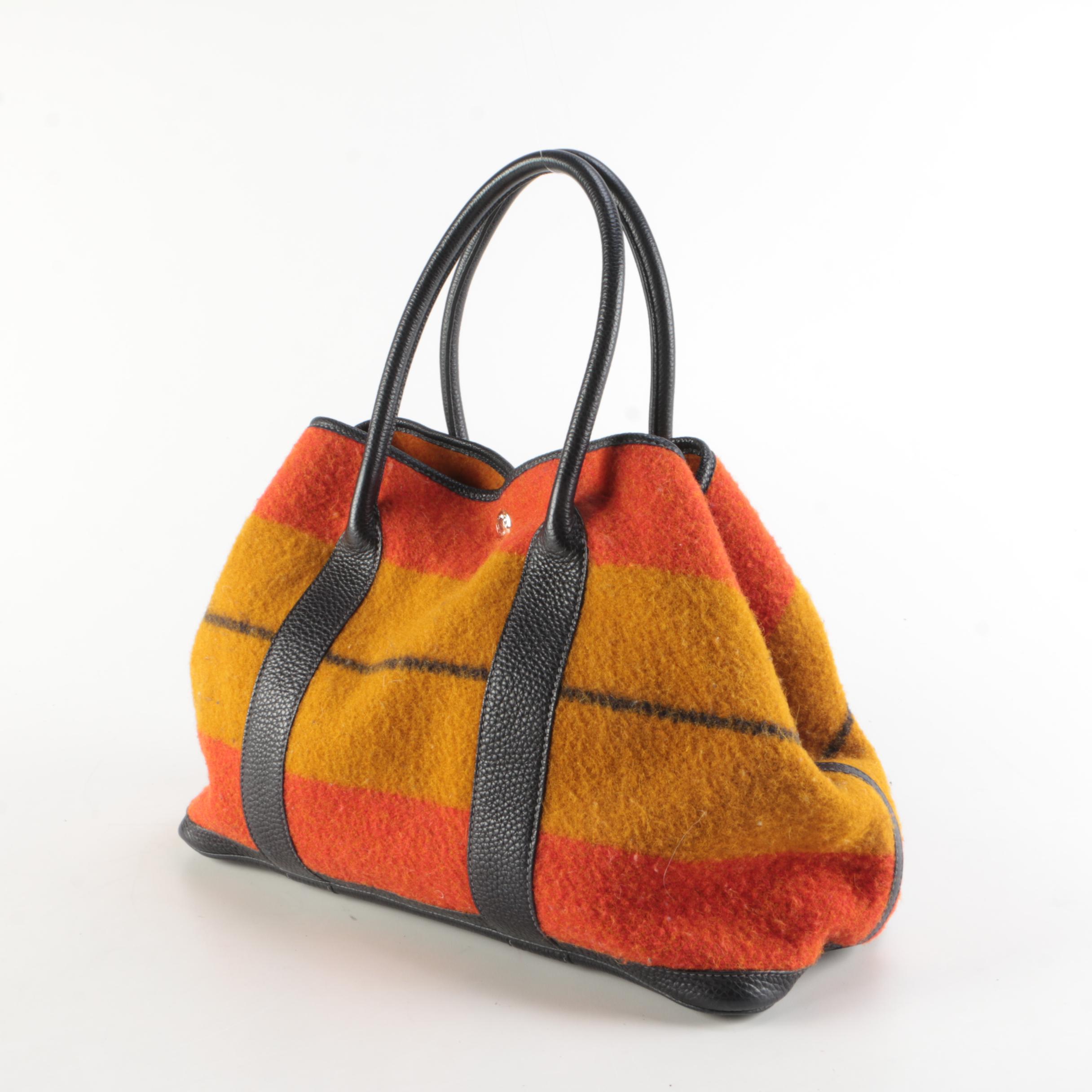 Hermès Garden Party 36 Tote in Striped Wool Rocabar and Navy Leather