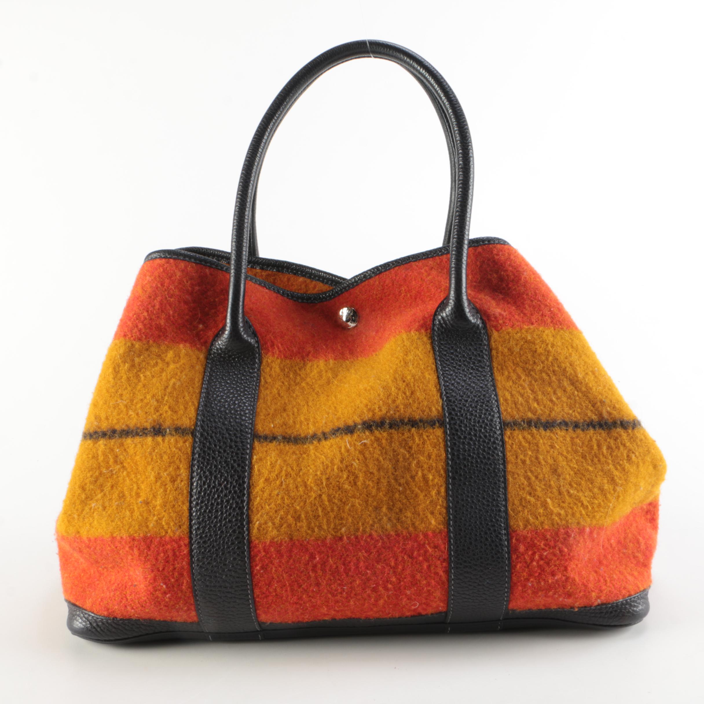 Hermès Garden Party 36 Tote in Striped Wool Rocabar and Navy Leather