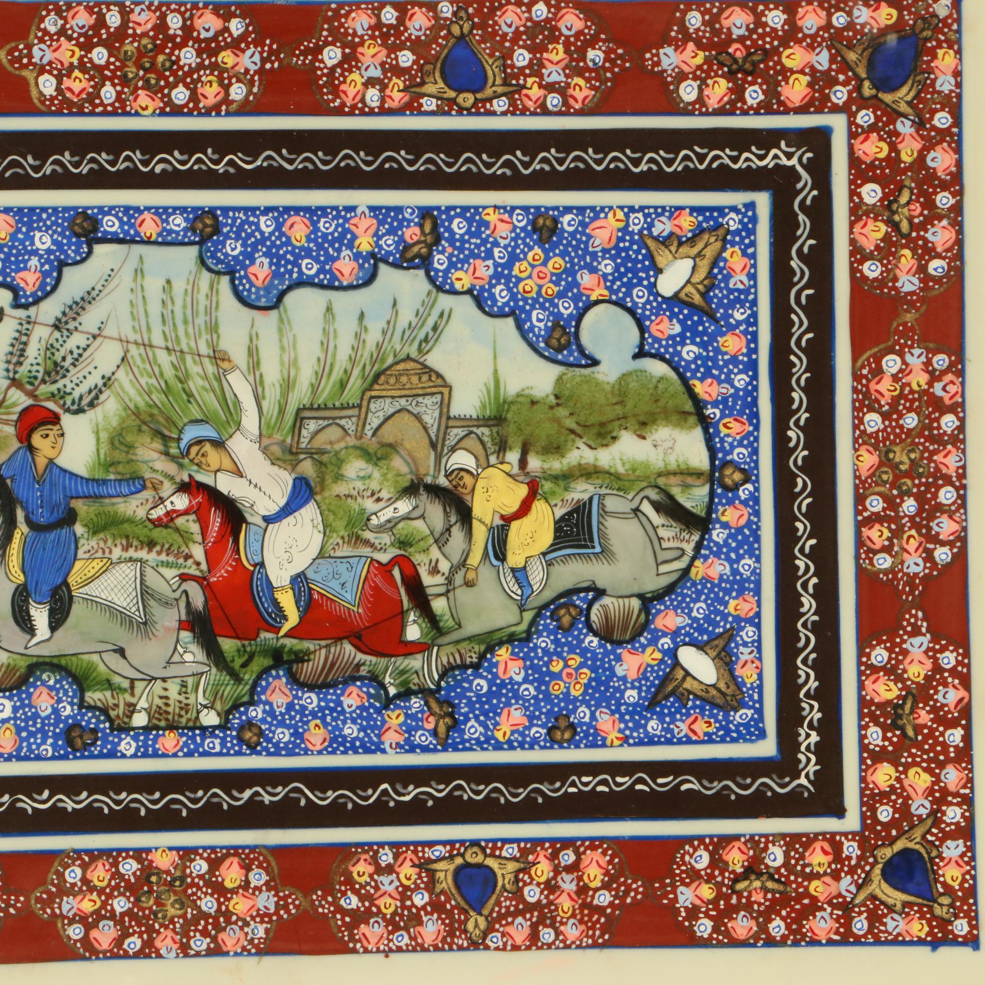 Persian Style Gouache Painting of Chovgan Polo Scene