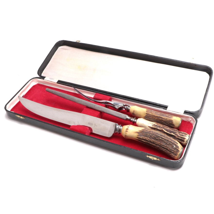 Three-Piece Stainless Steel Staghorn Antler Handle Carving Set with Case
