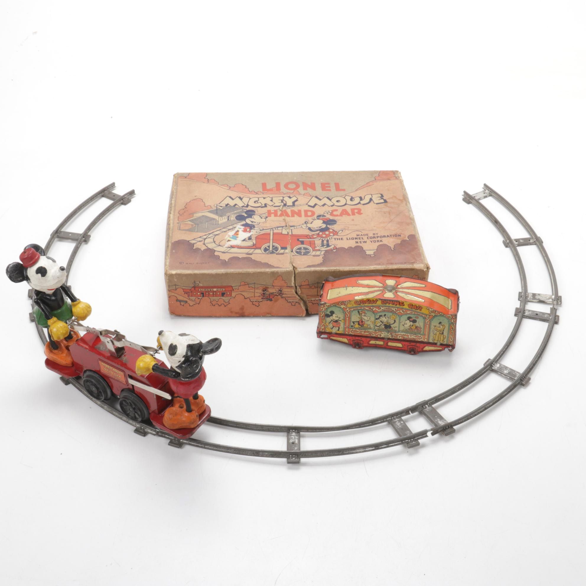Lionel Mickey Mouse Hand Car and Walt Disney Circus Train Car, 1930s