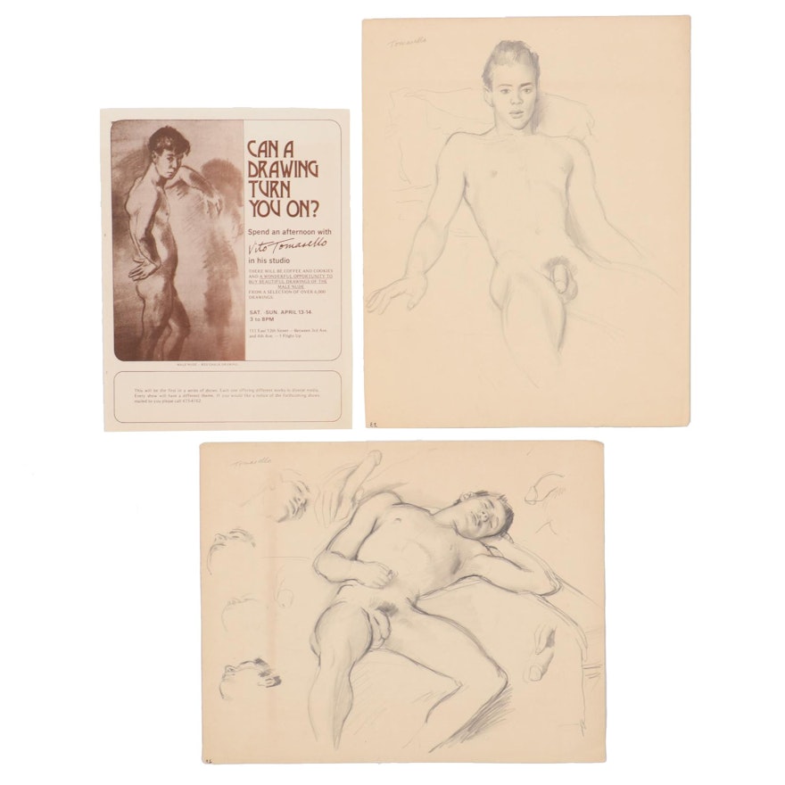 Vito Tomasello Figural Graphite Drawings and Art Show Flyer, Mid 20th Century