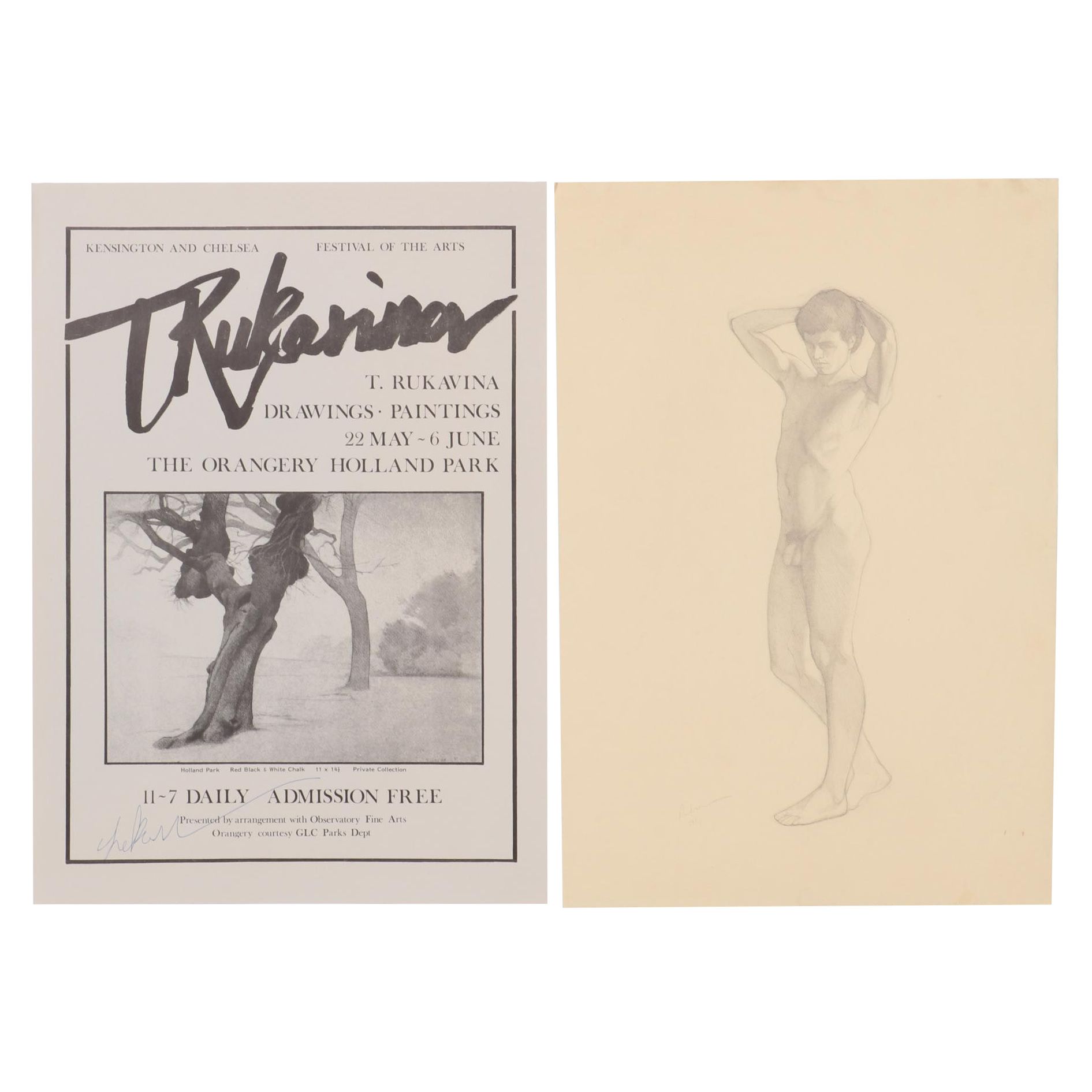 Timothy Rukavina Graphite Drawing and Exhibition Poster, Late 20th Century