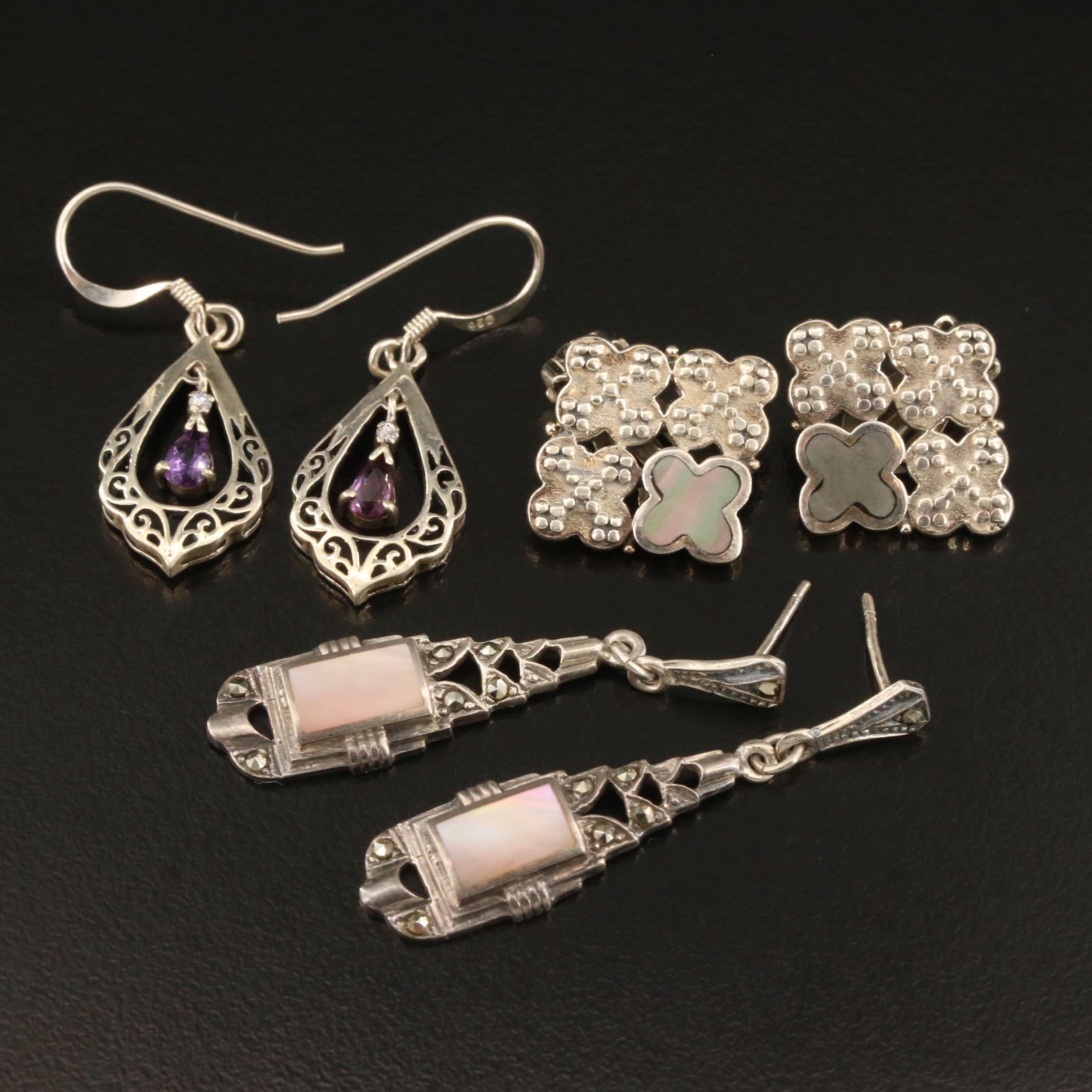 Sterling Dangle and Button Earrings Featuring Barse Quatrefoil Clip Earrings