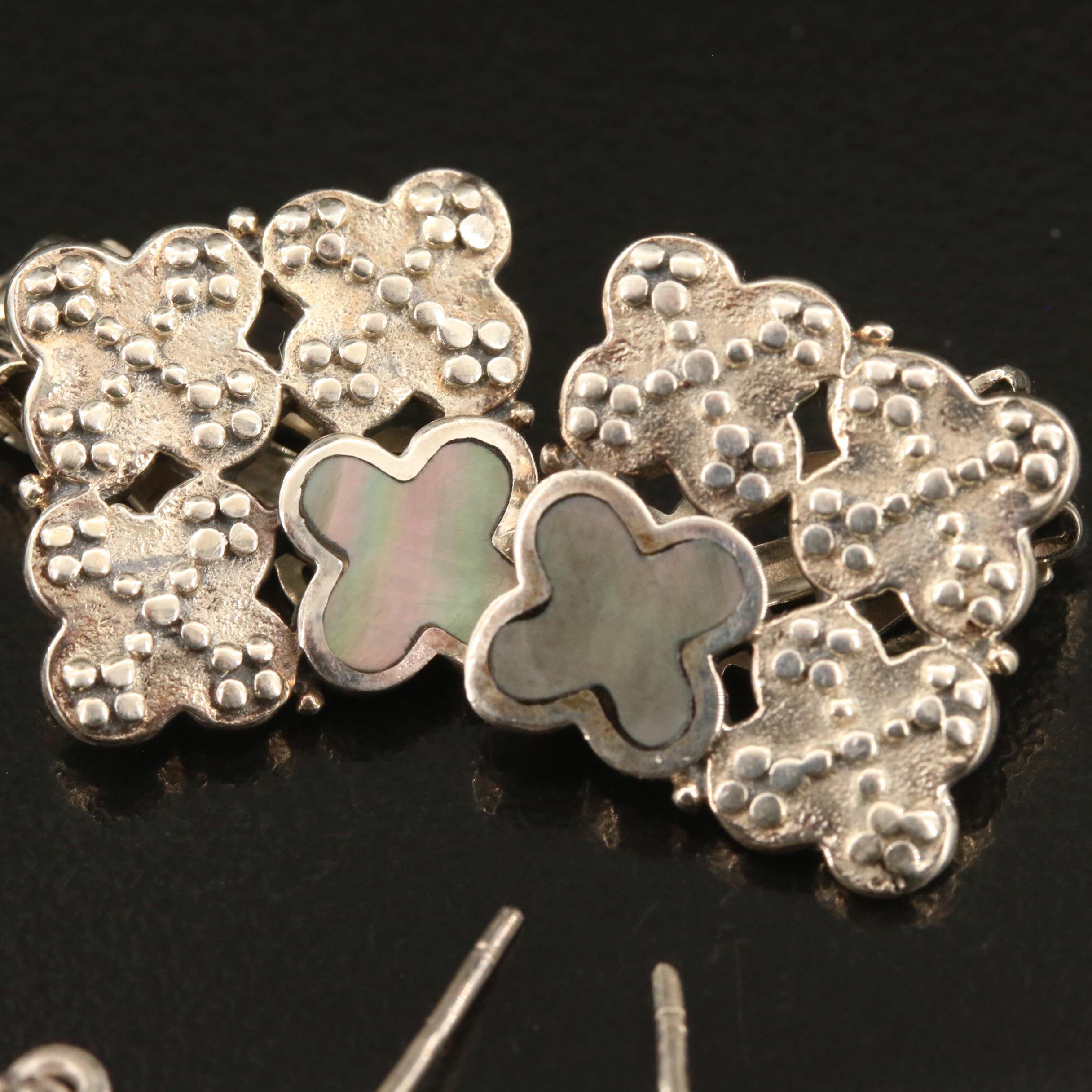 Sterling Dangle and Button Earrings Featuring Barse Quatrefoil Clip Earrings