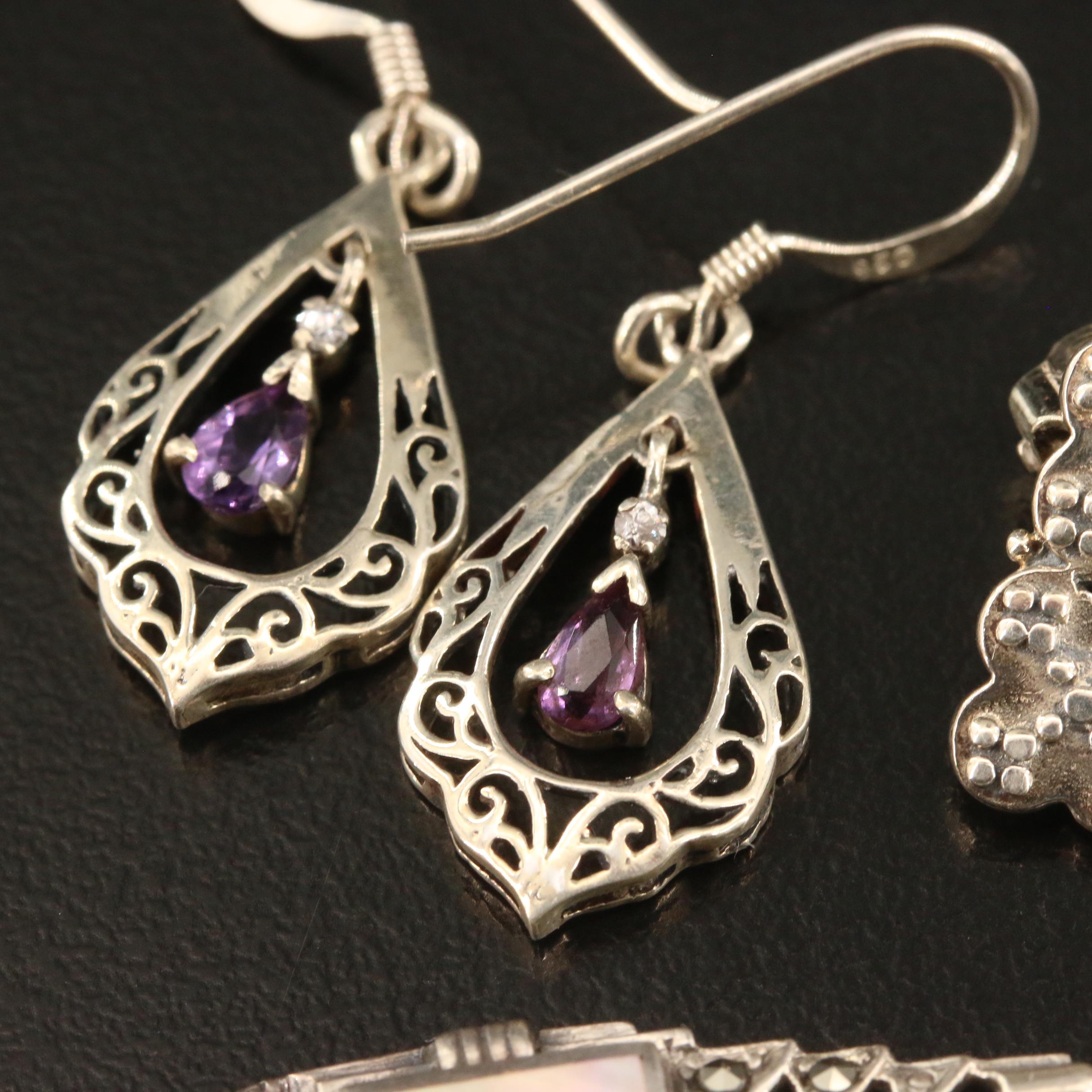 Sterling Dangle and Button Earrings Featuring Barse Quatrefoil Clip Earrings