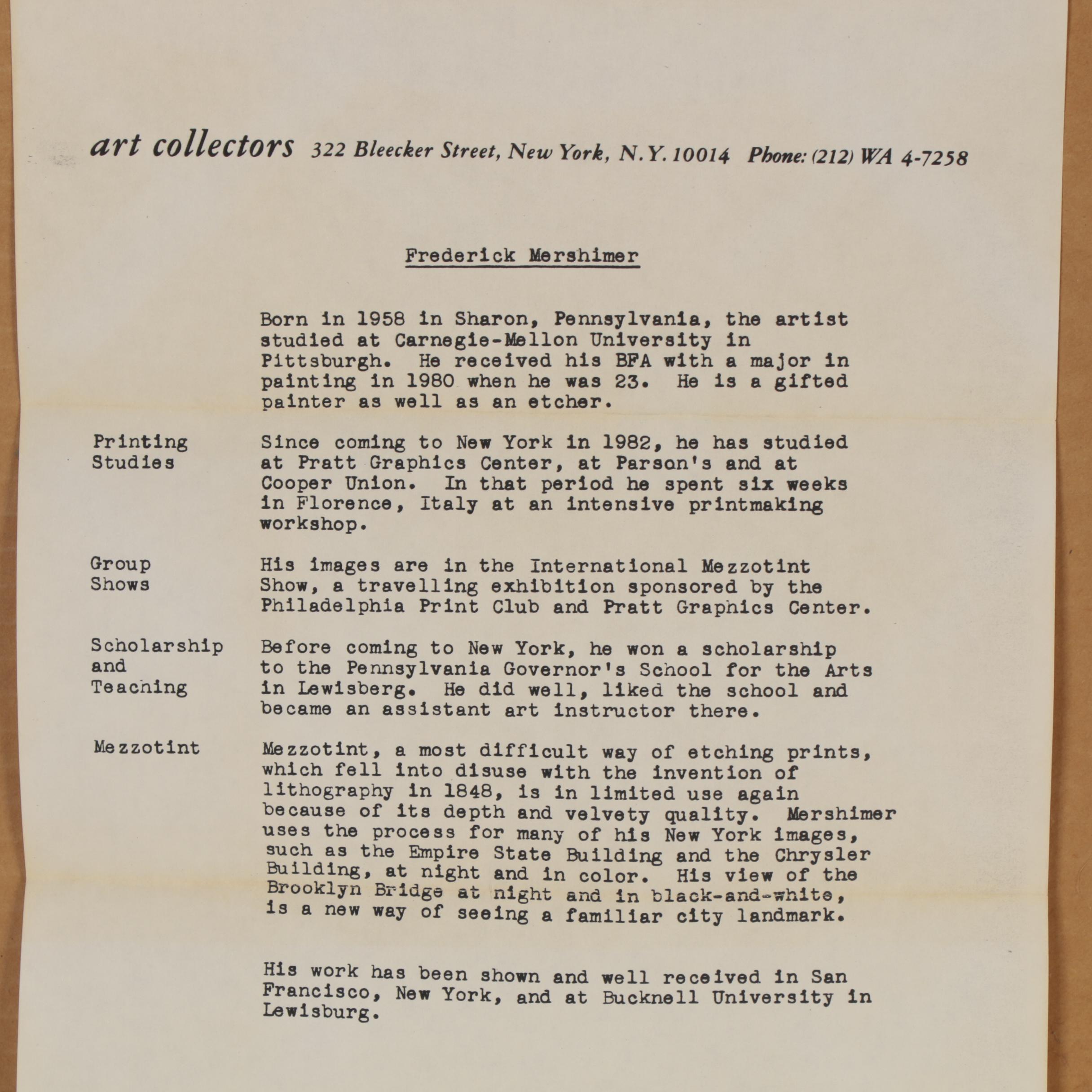 Frederick Mershimer Mezzotints of New York City, 1985