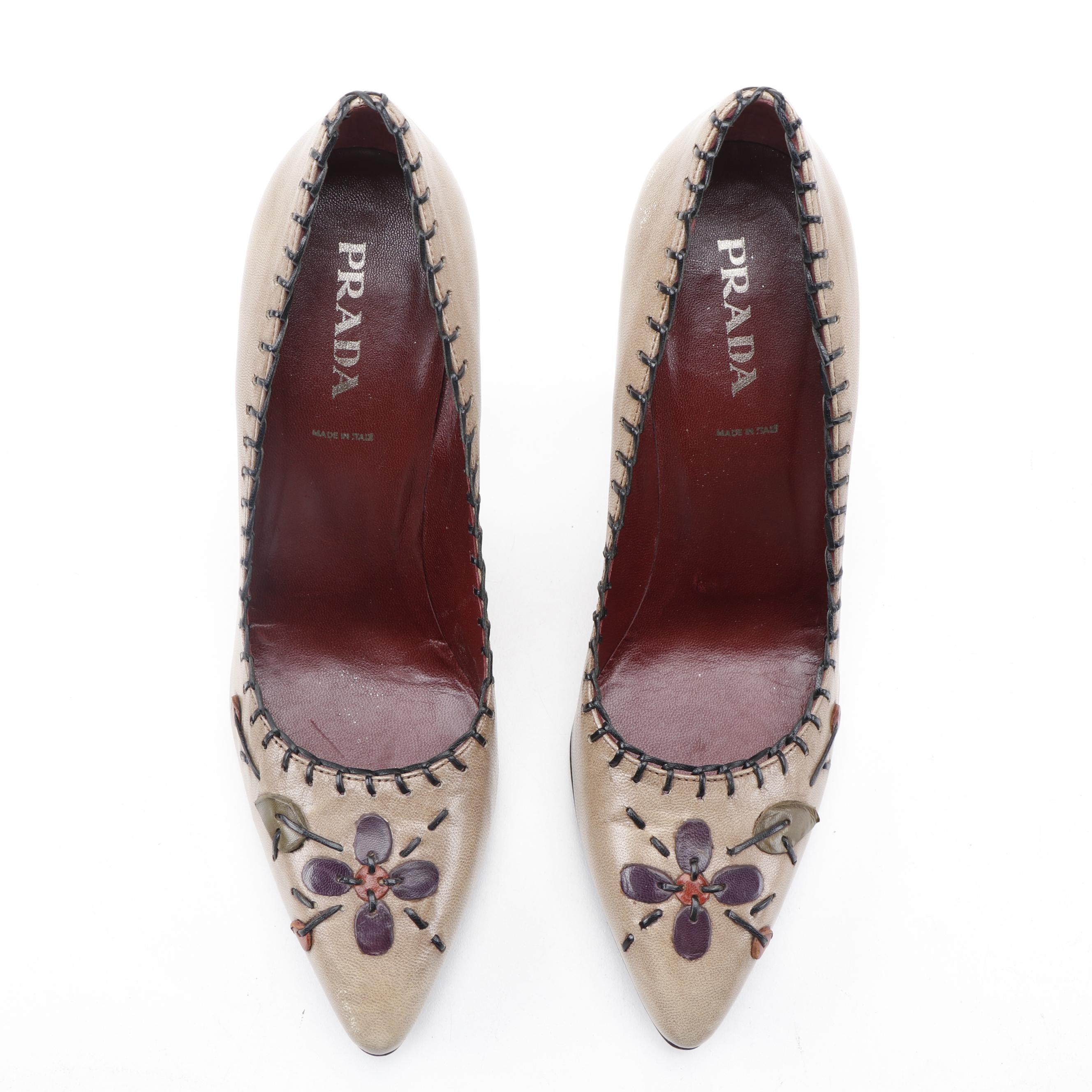 Prada Leather Pointed Toe Pumps with Leather Appliqué and Stitching Accents