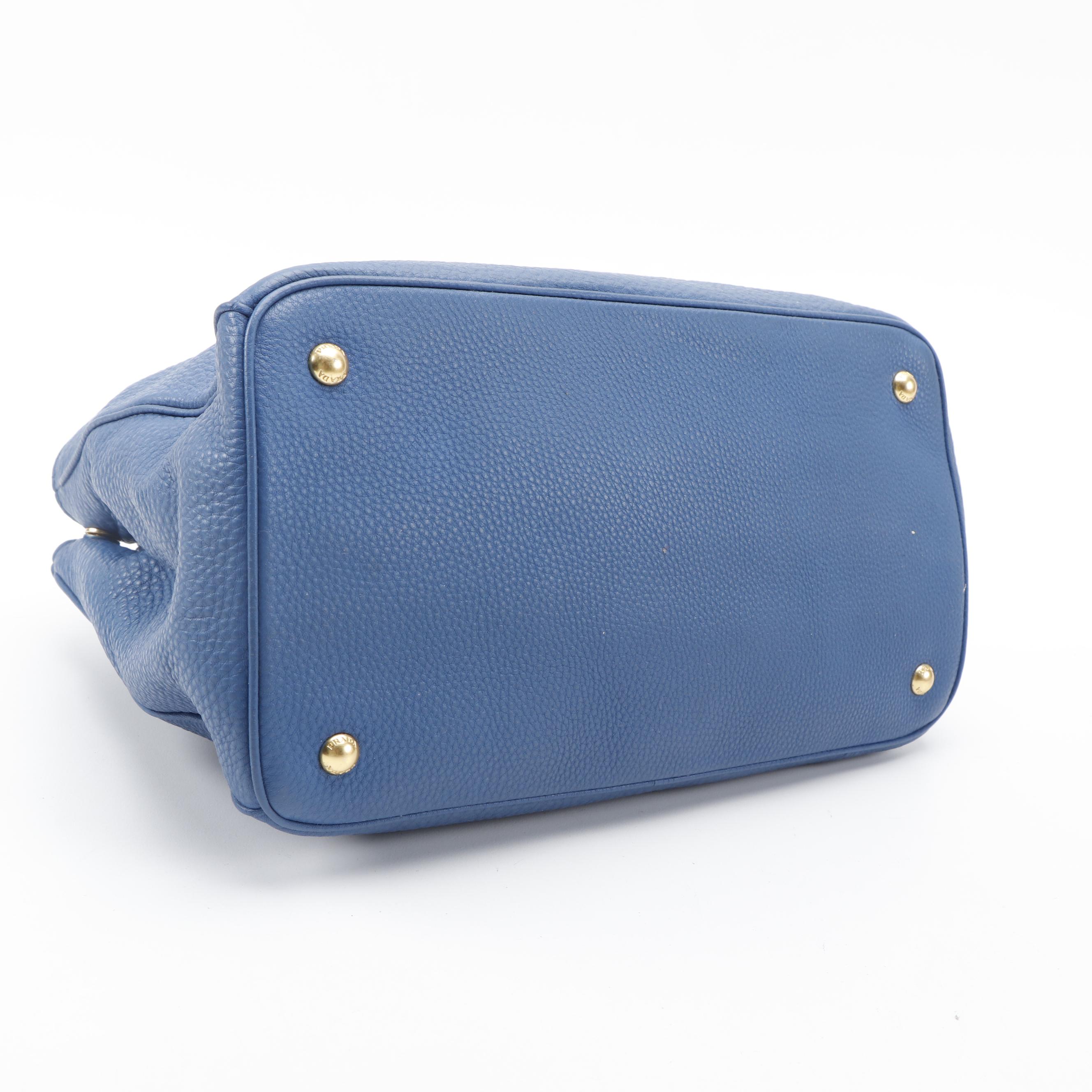 Prada Vitello Daino Convertible Tote in Blue Pebbled Leather