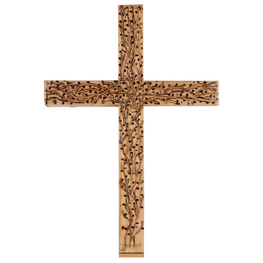 William Woodrum Scored Wooden Cross with Floral Pattern, Late 20th Century