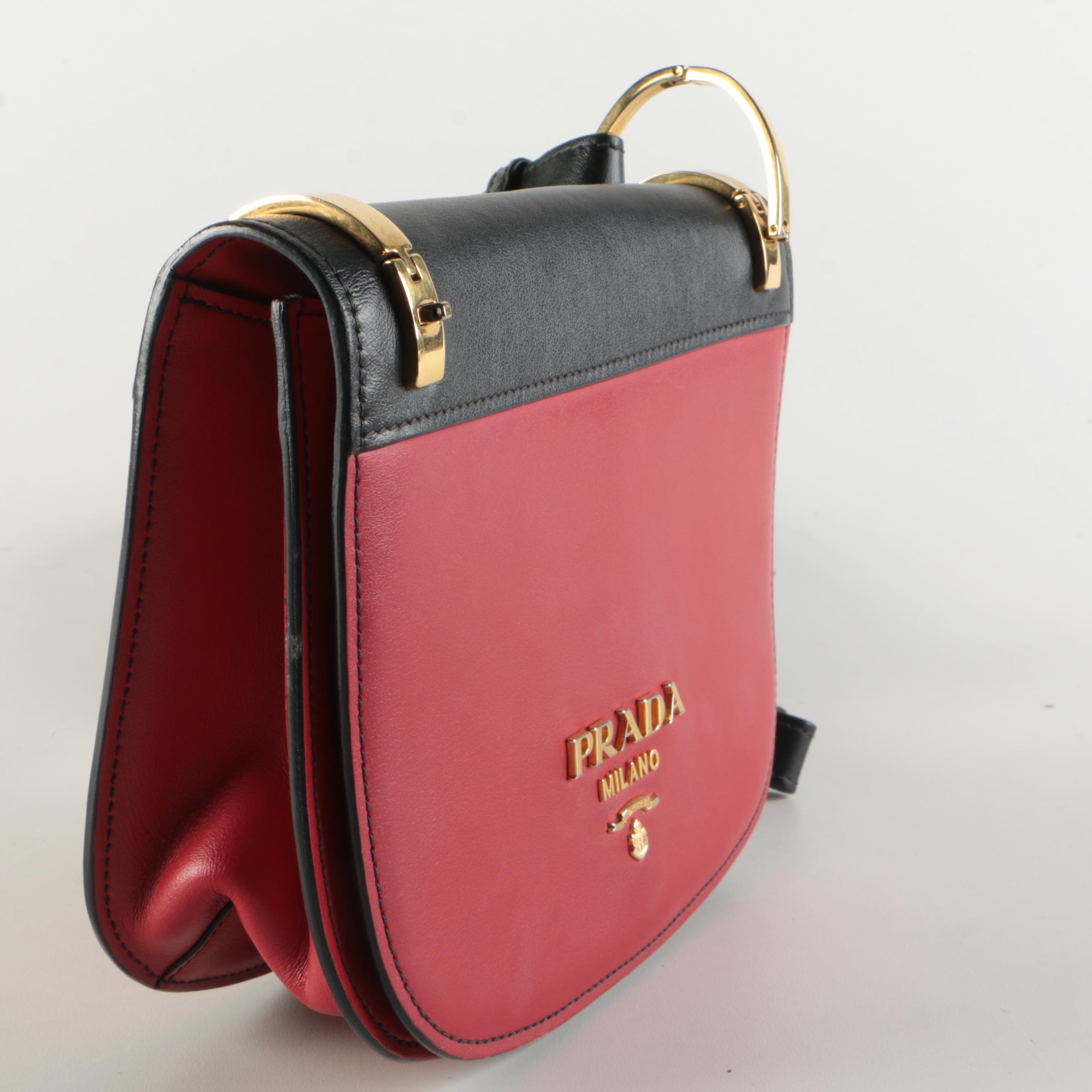 Prada Pionniere Saddle Crossbody Bag in Red and Black City Calfskin Leather