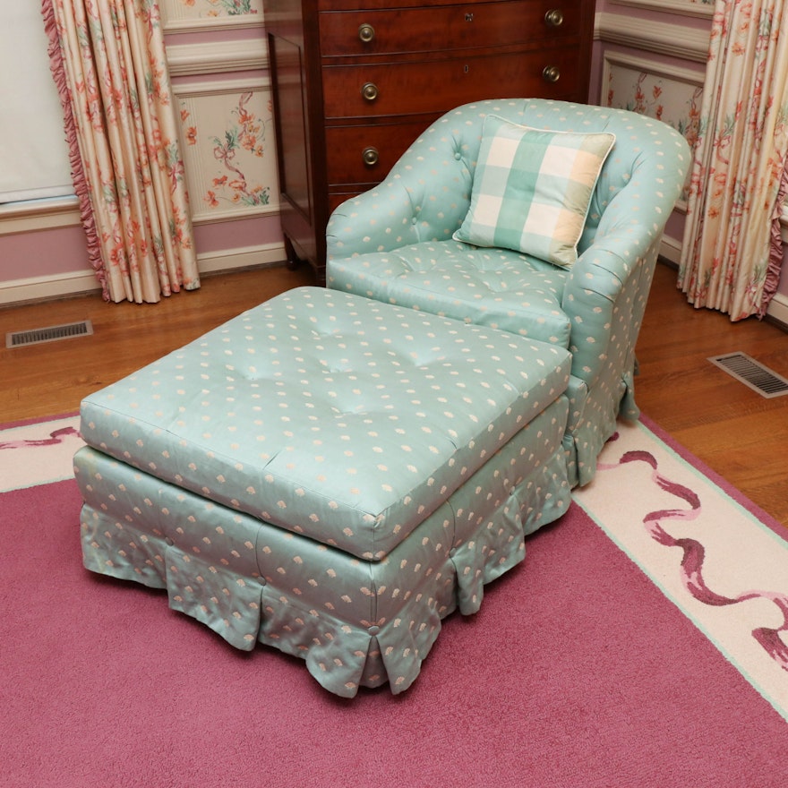 Baker Button-Tufted Armchair and Ottoman in Sage Green Upholstery