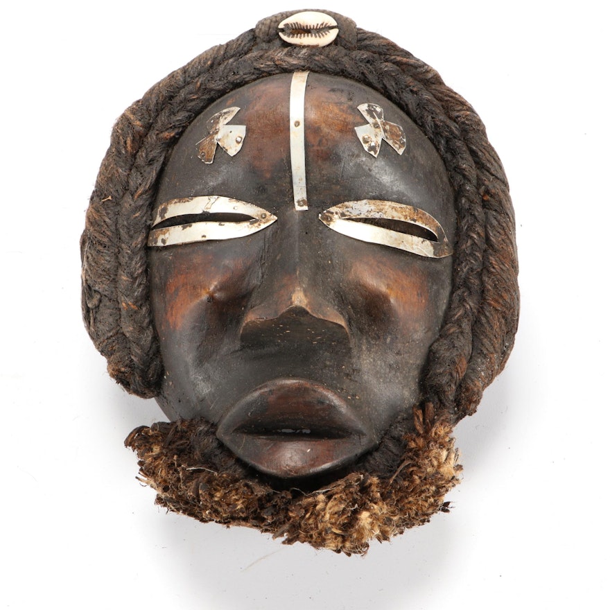 Dan Style Wood Mask with Metal Embellishments, West Africa