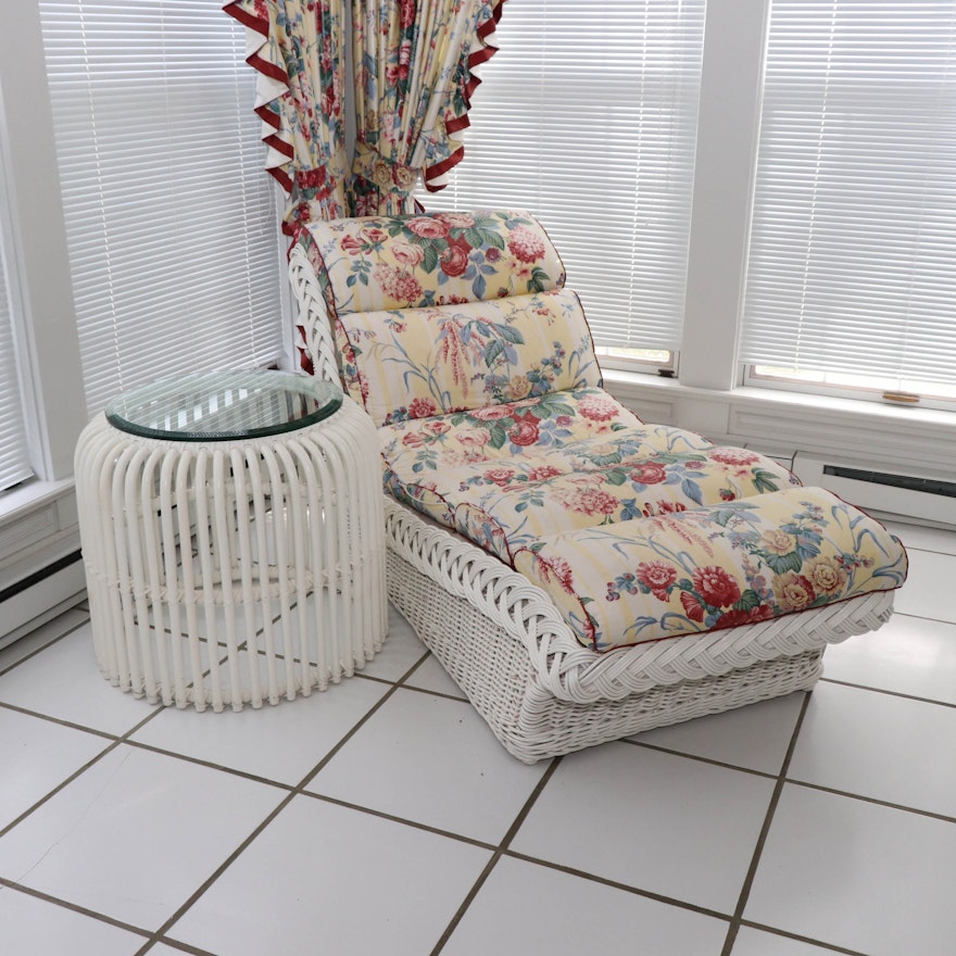 Ficks Reed Wicker Chaise with White Rattan and Glass Side Table