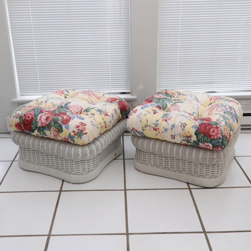Ficks Reed Wicker Ottomans with Button Tufted Floral Cushions