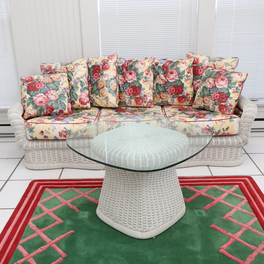 Ficks Reed Wicker Sofa and Coffee Table with Floral Upholstered Cushions