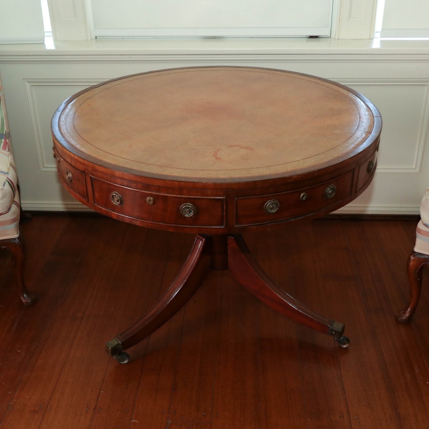 Regency Mahogany & Leather Library Table on Turned Pedestal, Early 19th Century