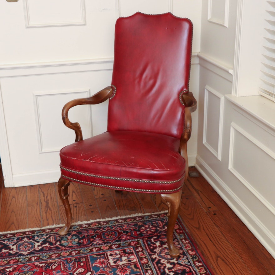 Distressed Scarlet Leather Armchair with Nailhead Trim, Late 20th Century
