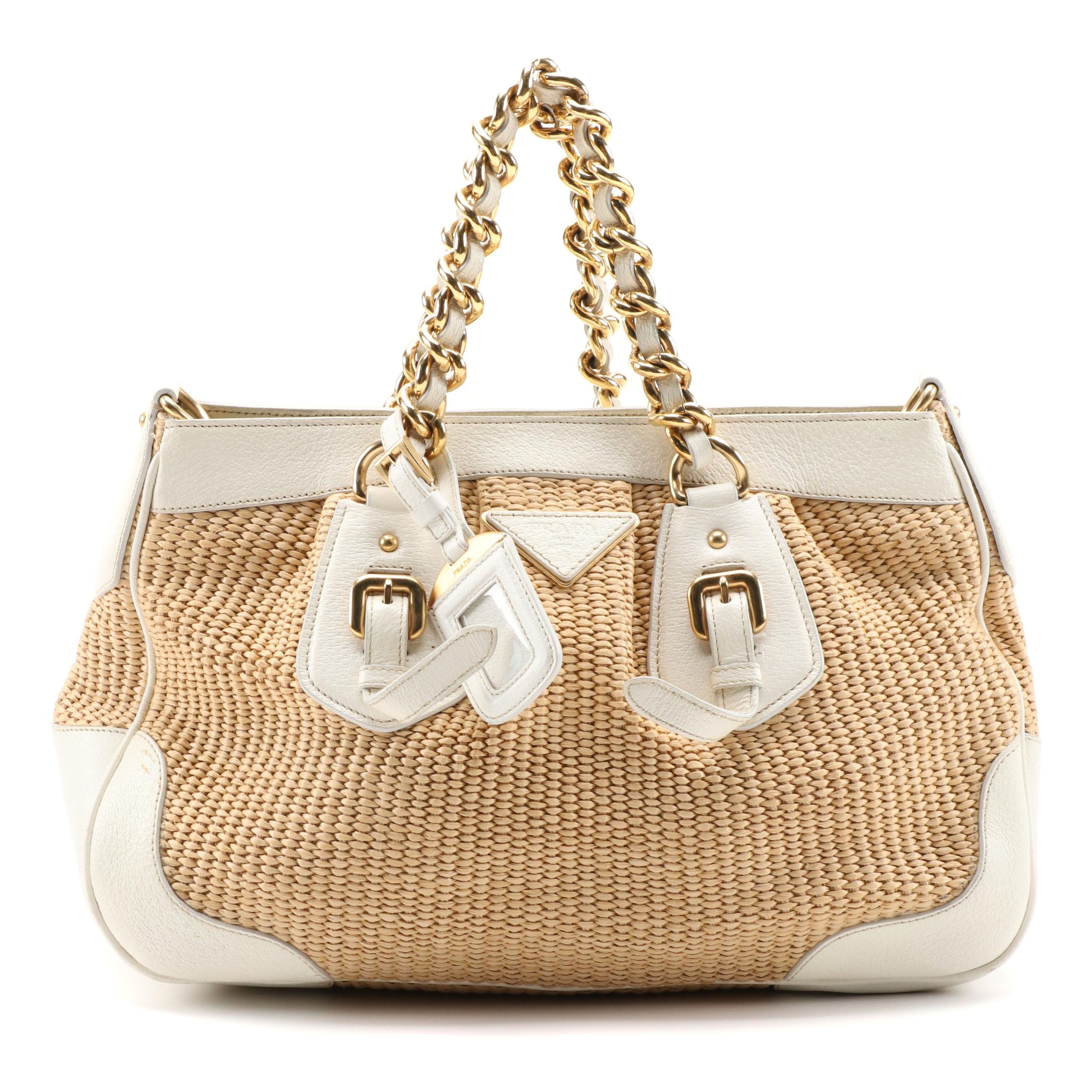 Prada Woven Straw and White Leather Trim Chain Handle Tote