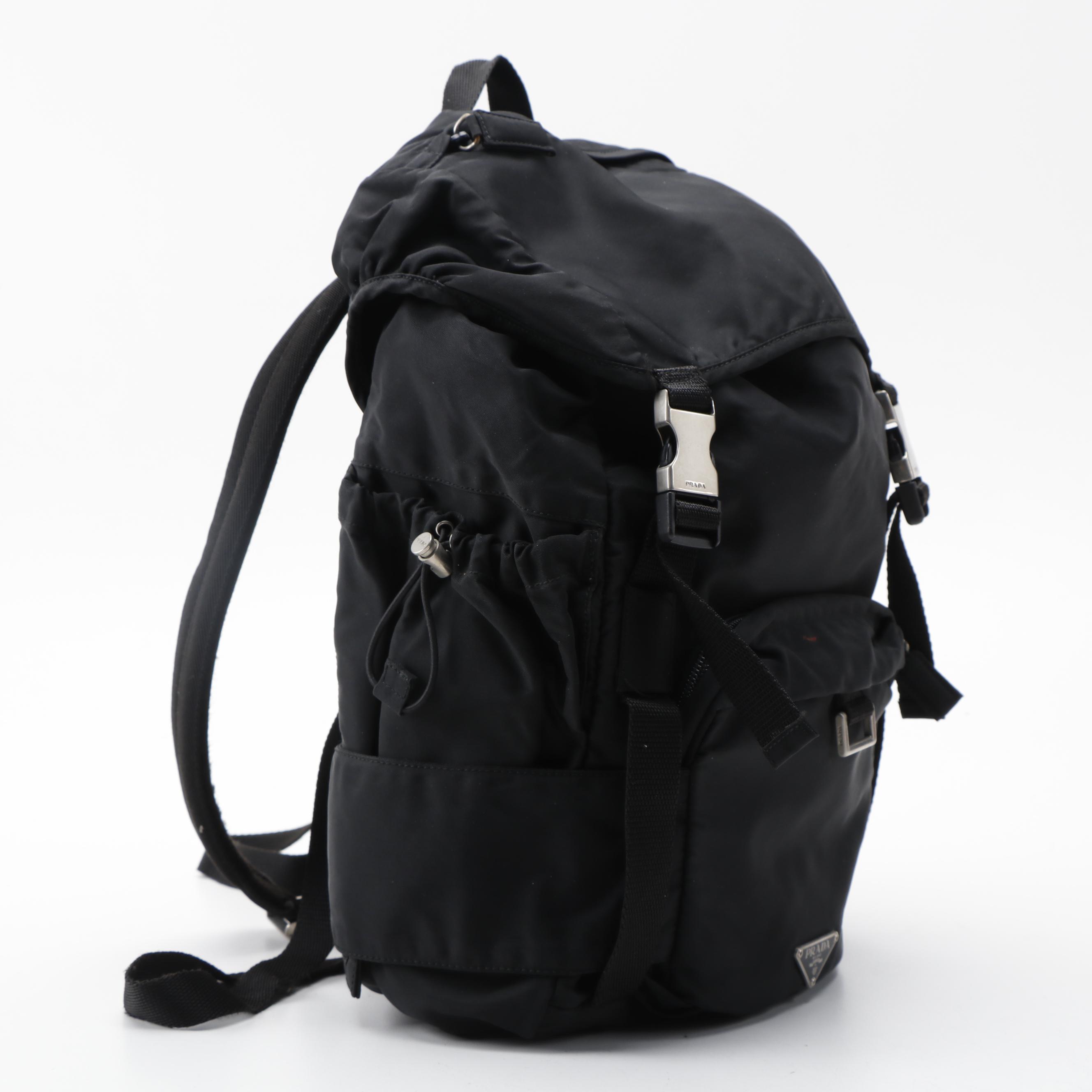 Prada Double Buckle Black Nylon and Canvas Backpack with Belt Straps