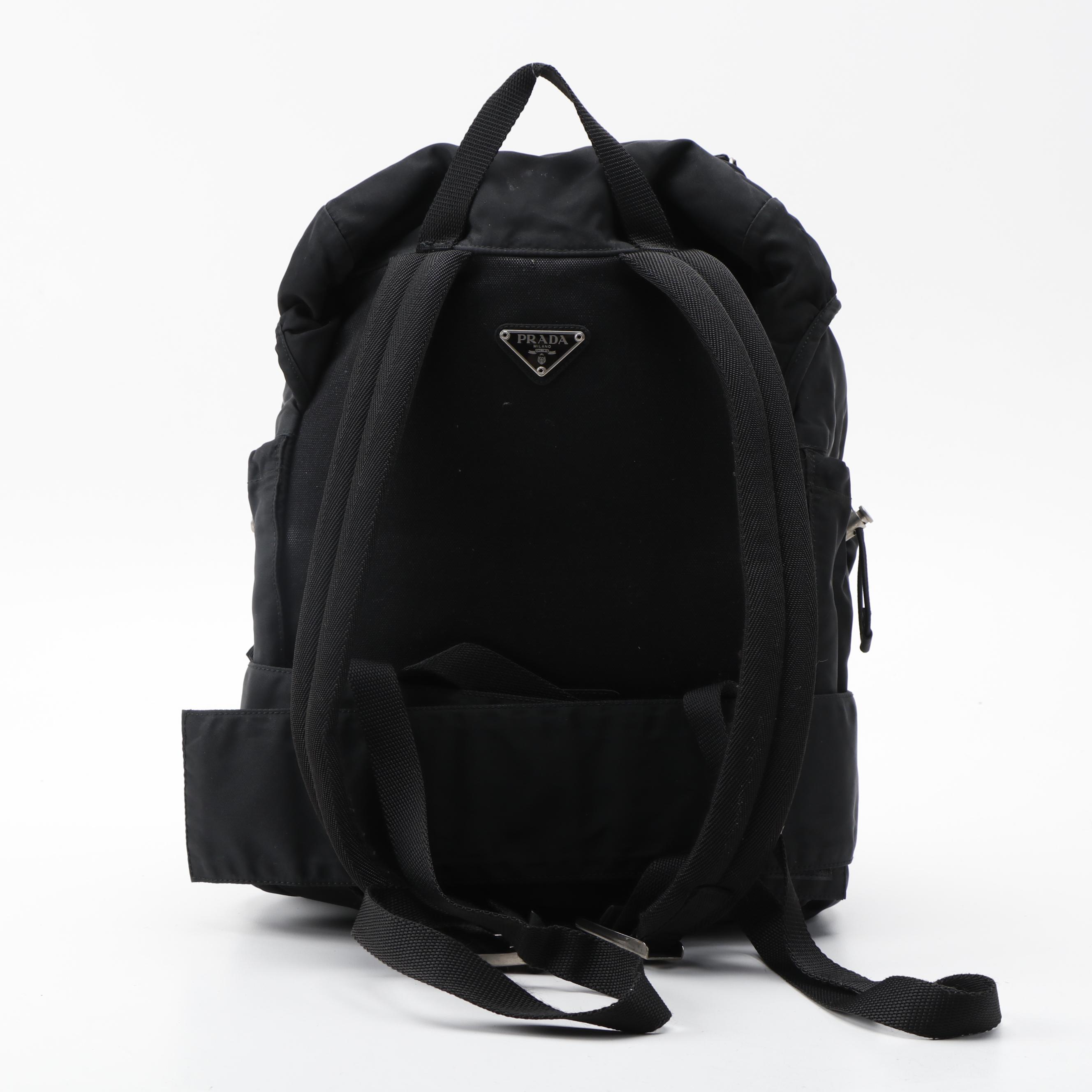 Prada Double Buckle Black Nylon and Canvas Backpack with Belt Straps