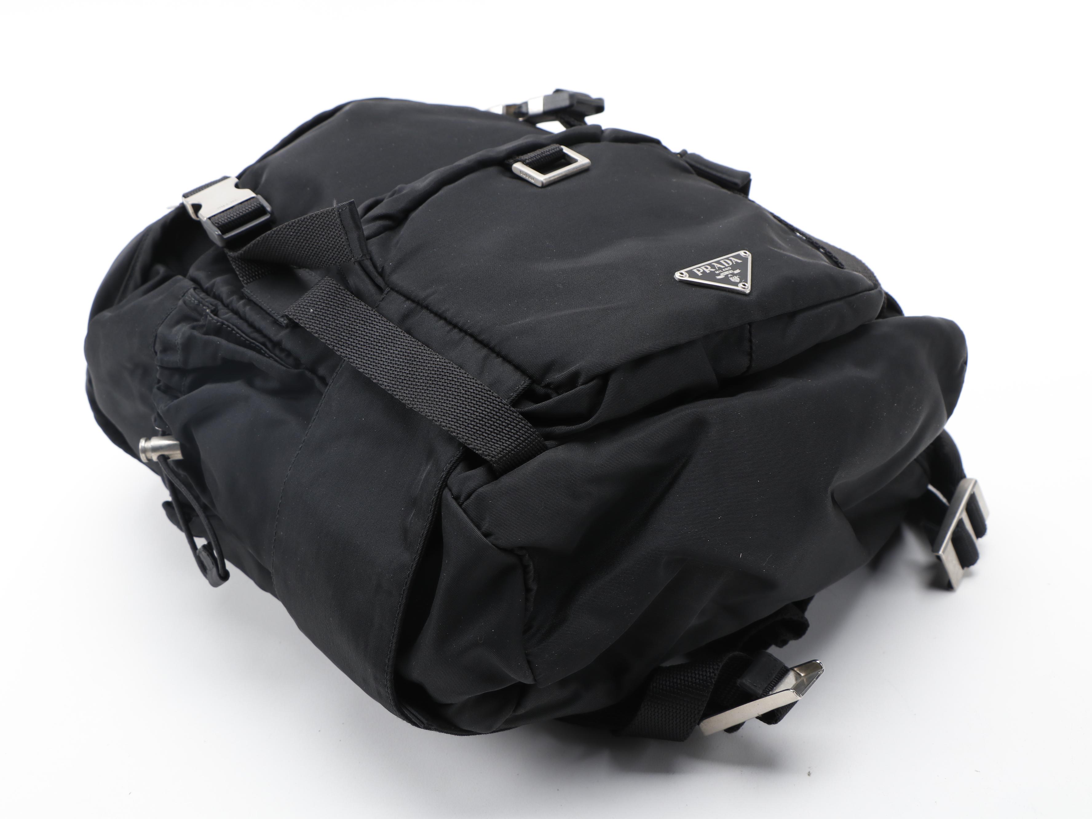 Prada Double Buckle Black Nylon and Canvas Backpack with Belt Straps