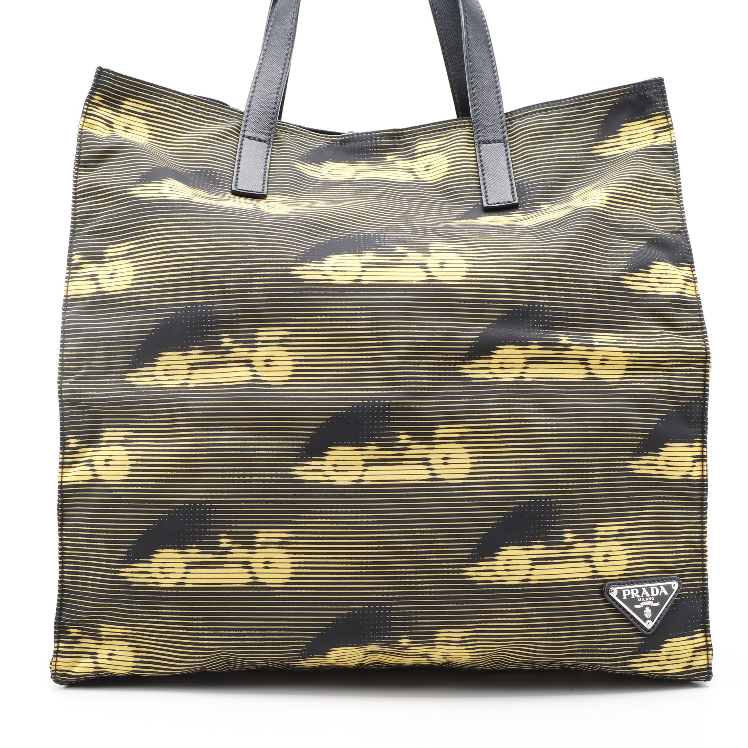 Prada Racing Stripe Printed Nylon and Black Leather Tote Bag
