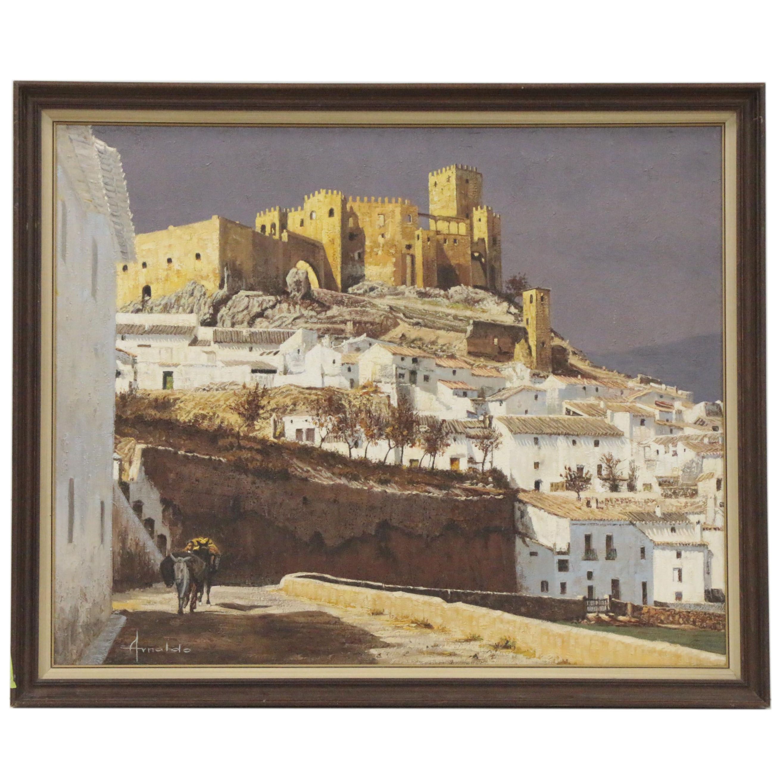 Arnaldo Curia Santos Oil Painting of Mediterranean Scene, Late 20th Century
