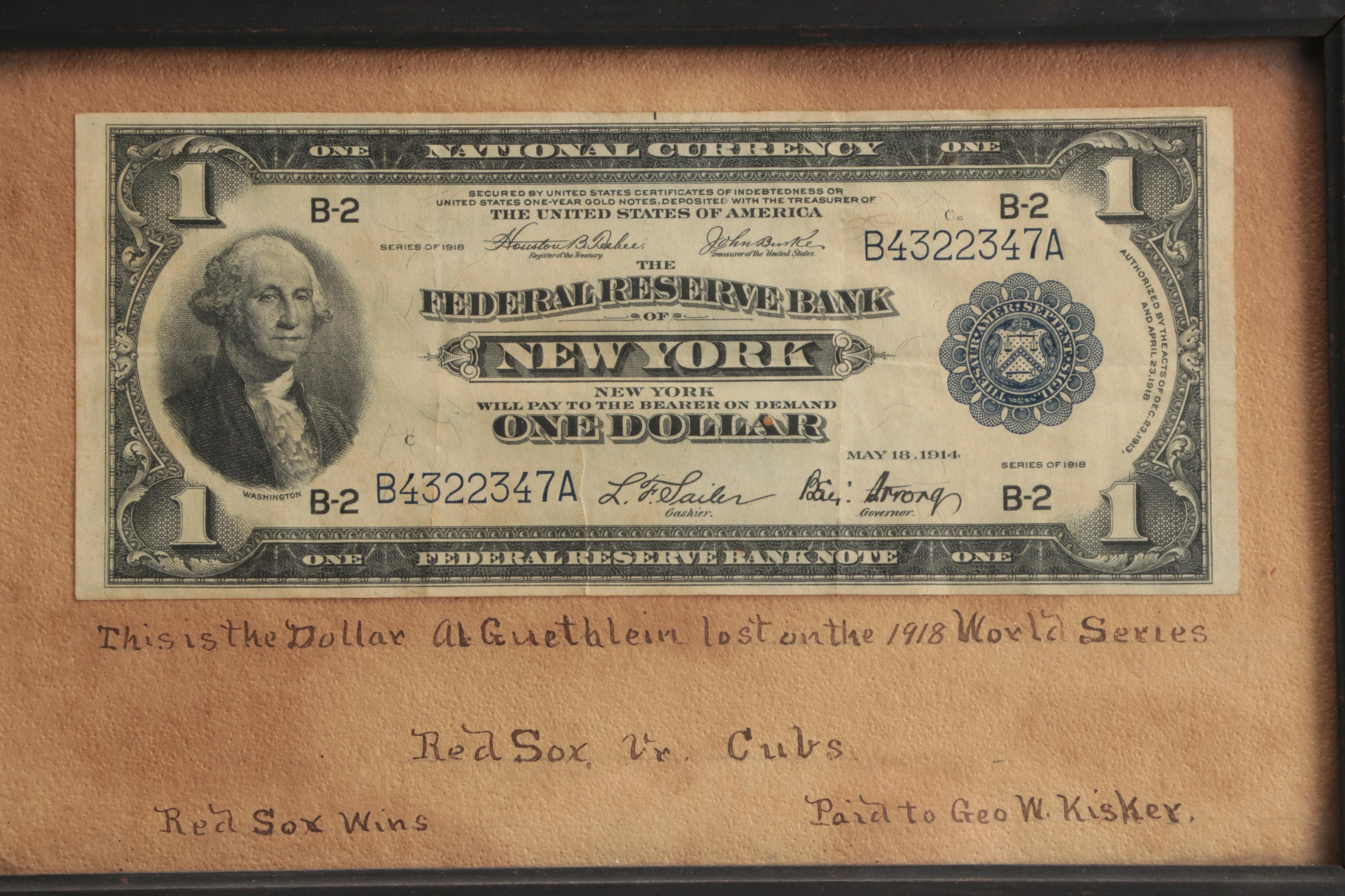 Large Format Series of 1918 $1 Federal Reserve Note with 1918 Baseball Note