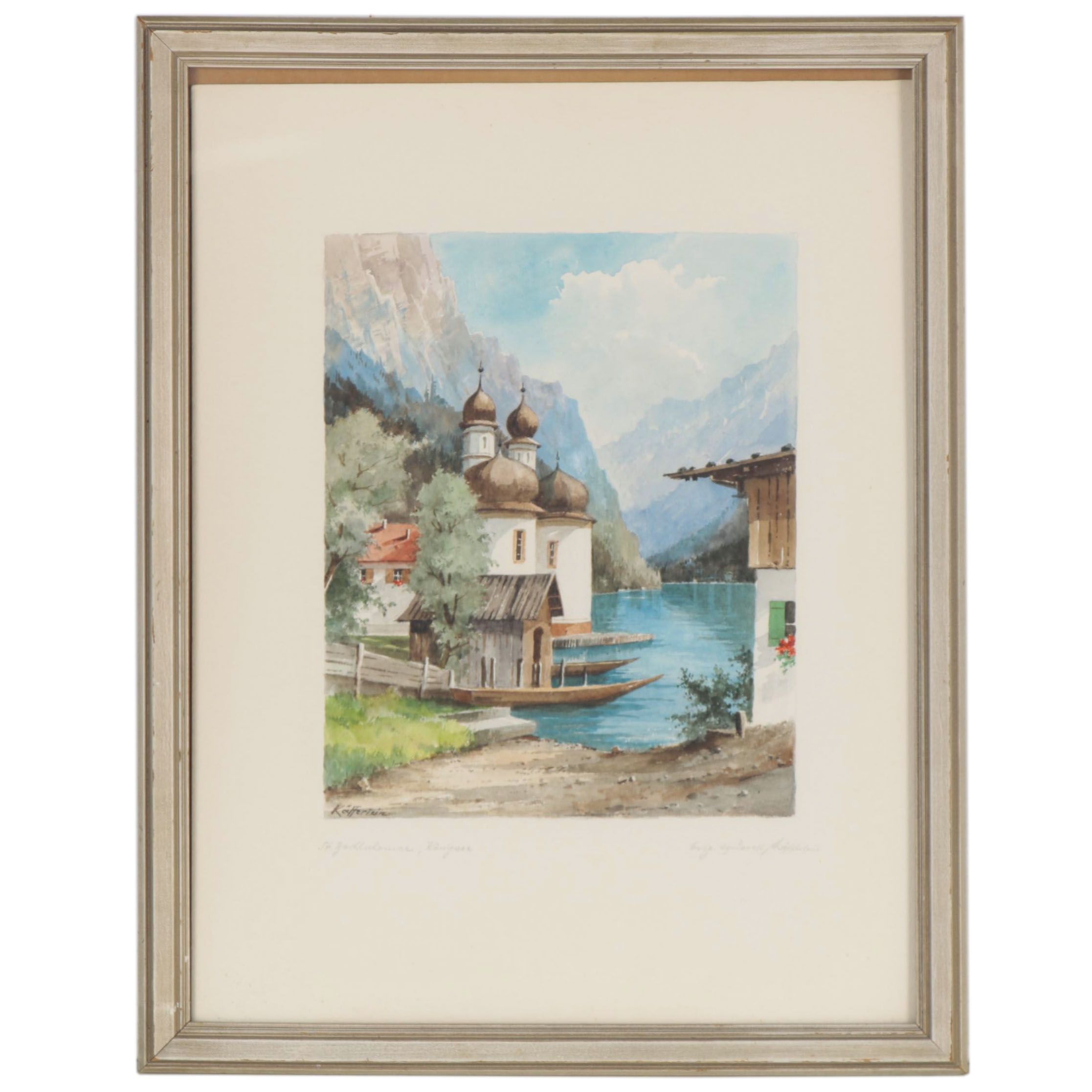 Käfferlein Watercolor Painting "St. Bartholomew, Königsee," Late 20th Century