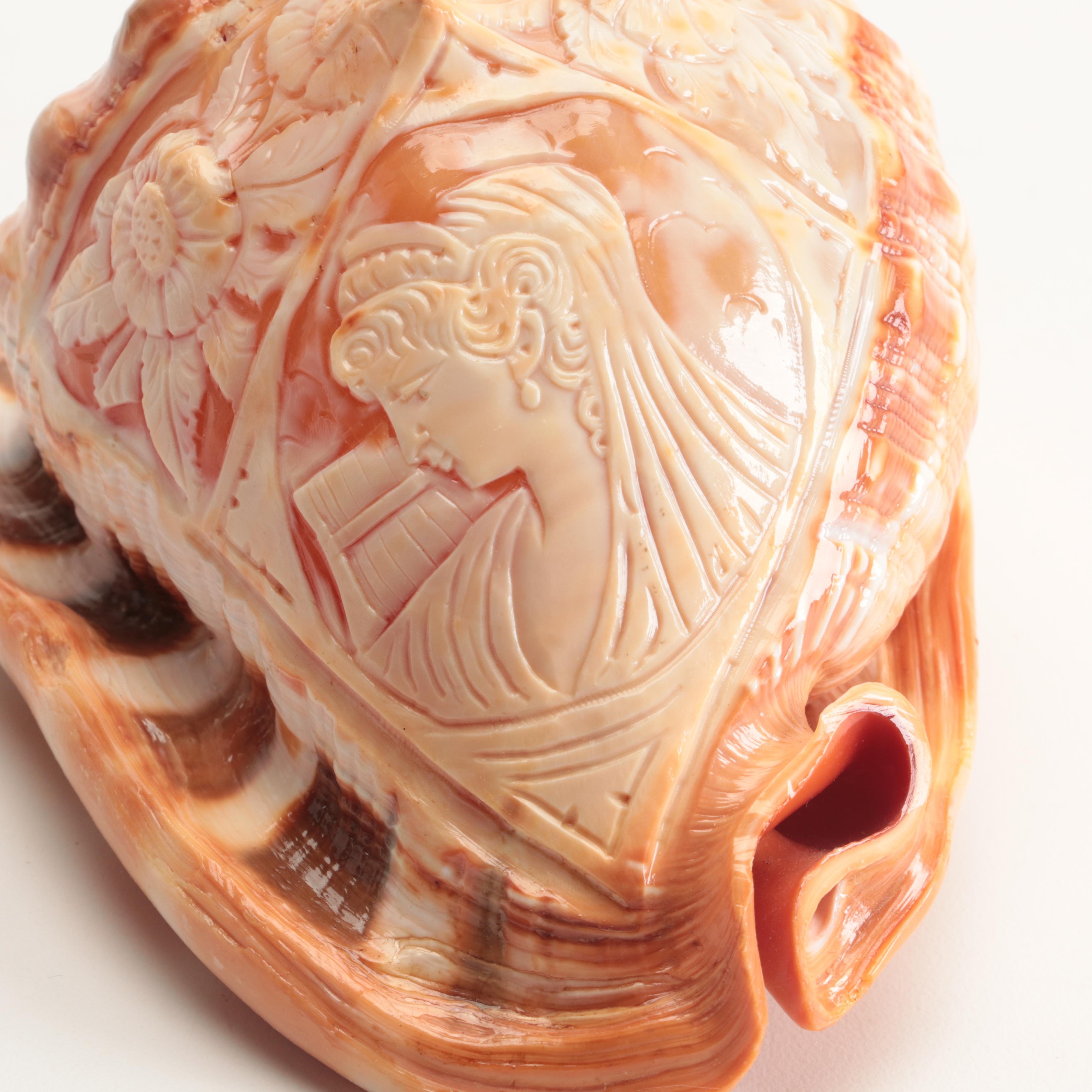 Victorian Neoclassical Lady's Portrait Cameo Carved on Conch Shell