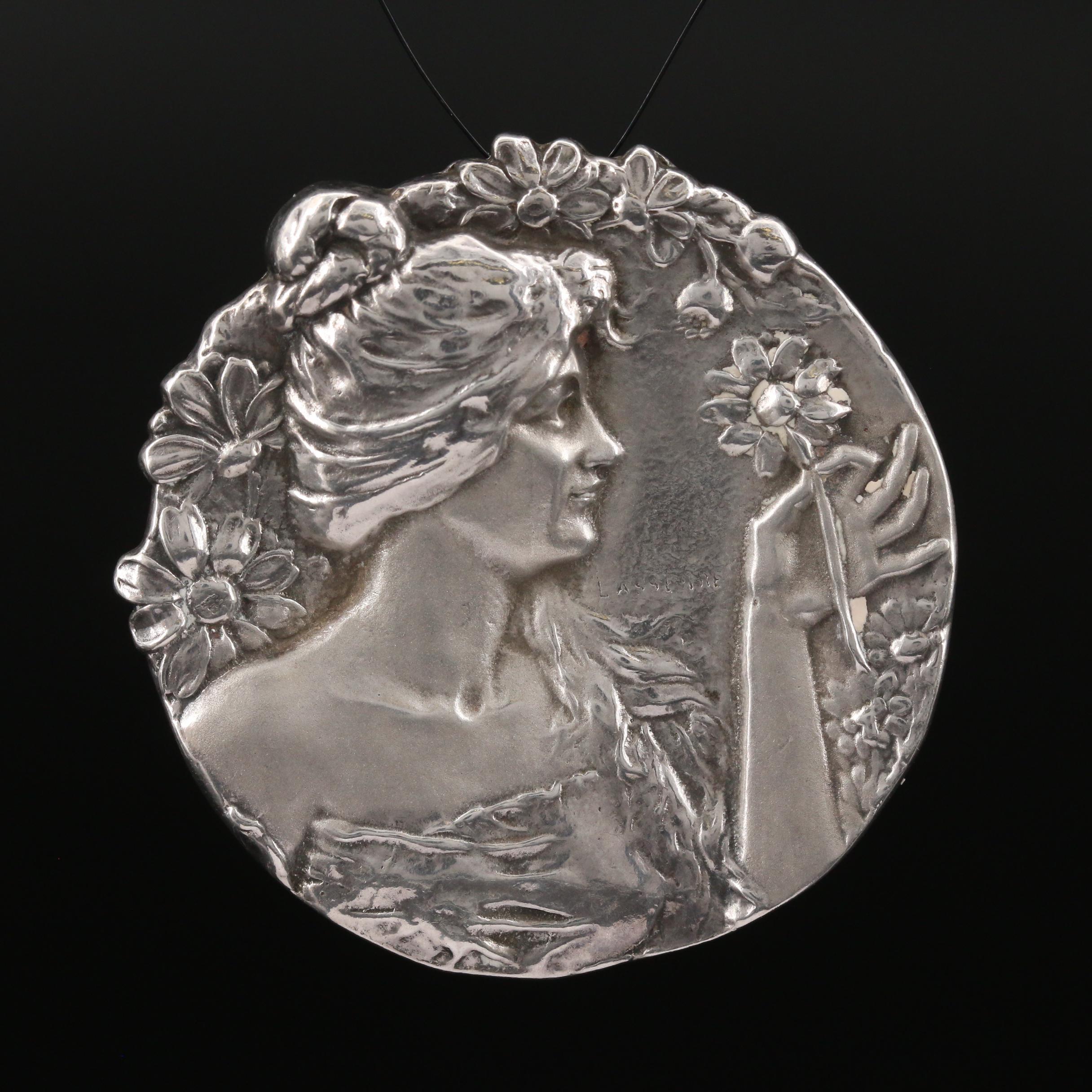 Art Nouveau Replica Lasserre Woman with Flower Sterling Converter Brooch