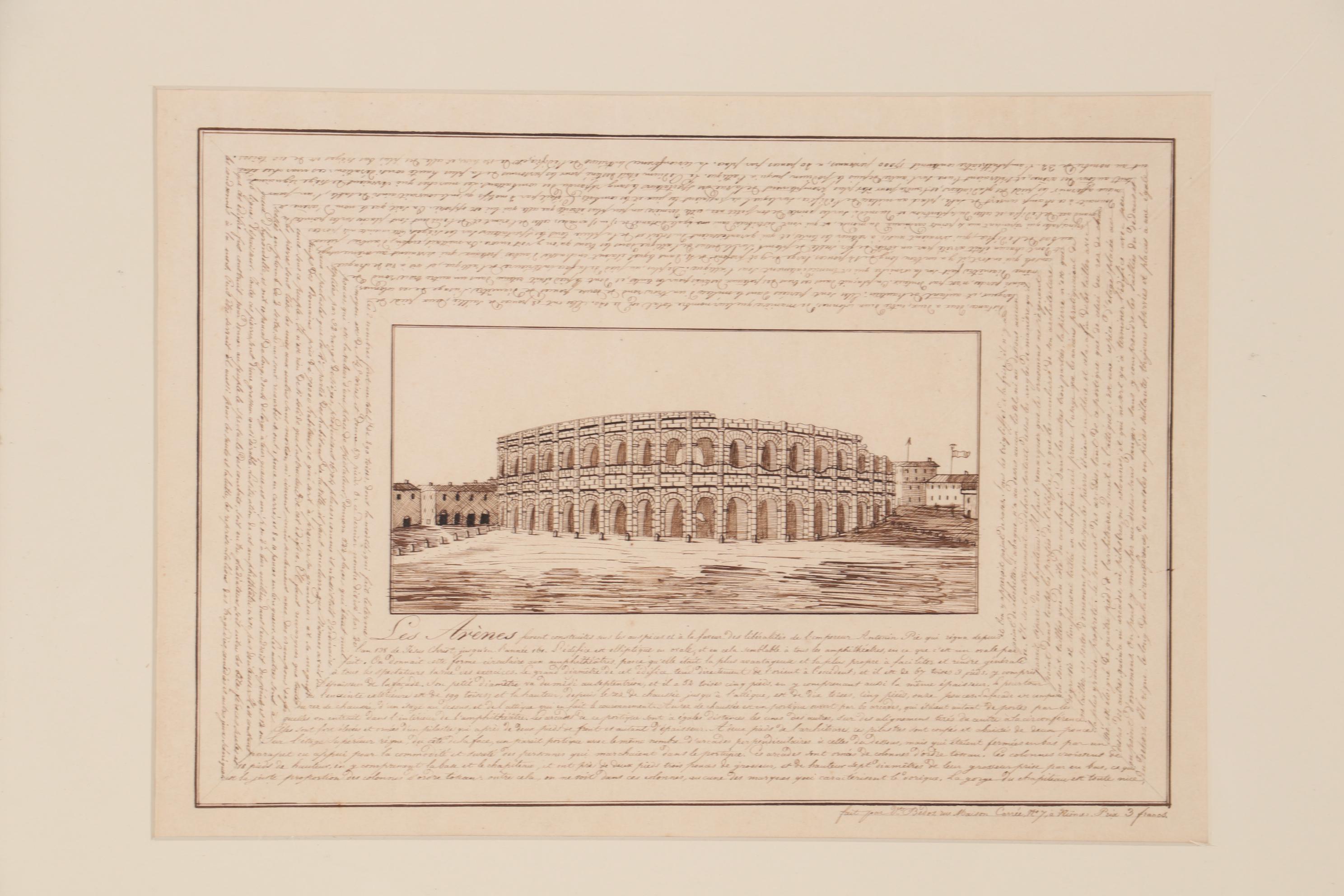 French Ink Drawing "Amphitheatre of Nimes," Early 19th Century