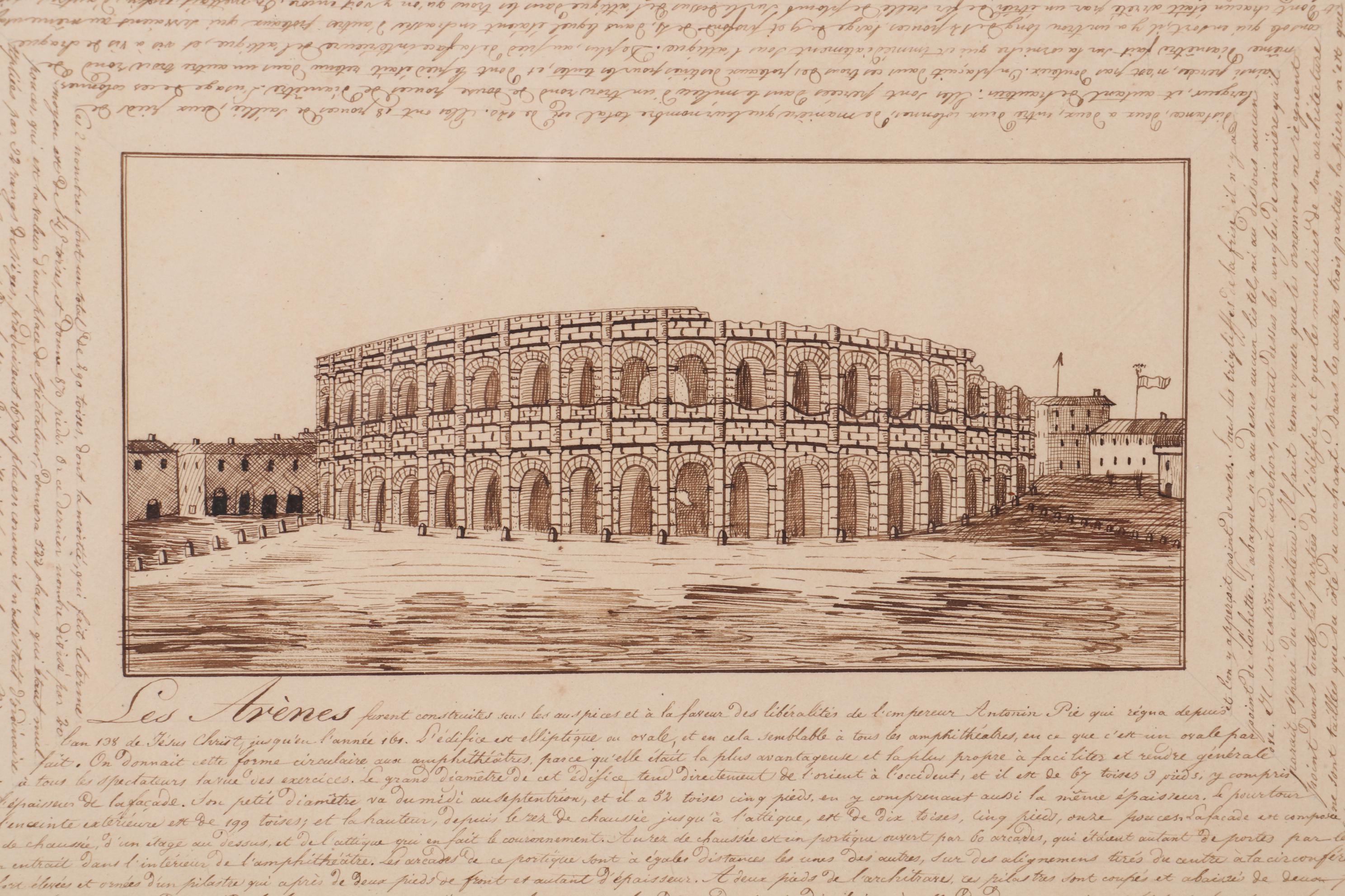 French Ink Drawing "Amphitheatre of Nimes," Early 19th Century