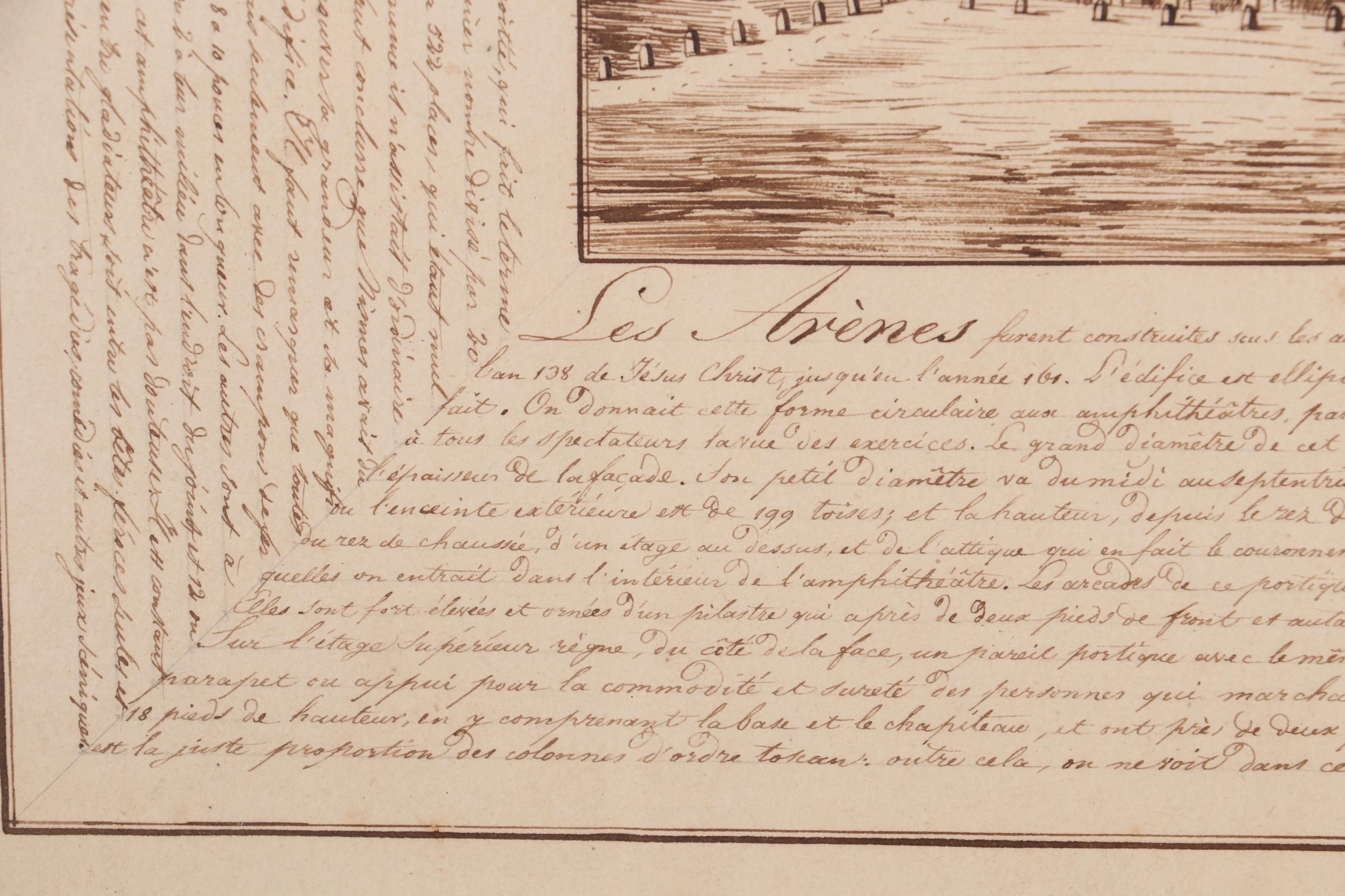 French Ink Drawing "Amphitheatre of Nimes," Early 19th Century