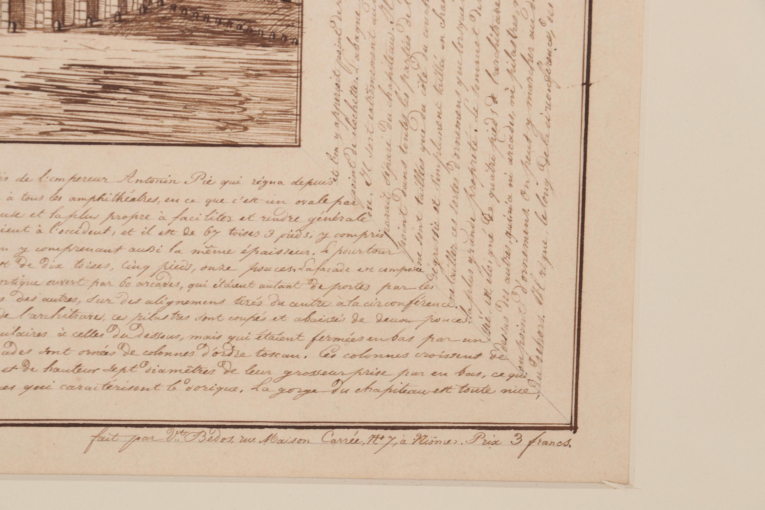 French Ink Drawing "Amphitheatre of Nimes," Early 19th Century