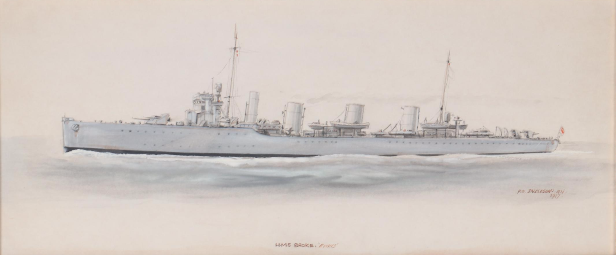 Petty Officer Ingleson Naval Watercolor Painting "HMS Broke, 'Evans'," 1917