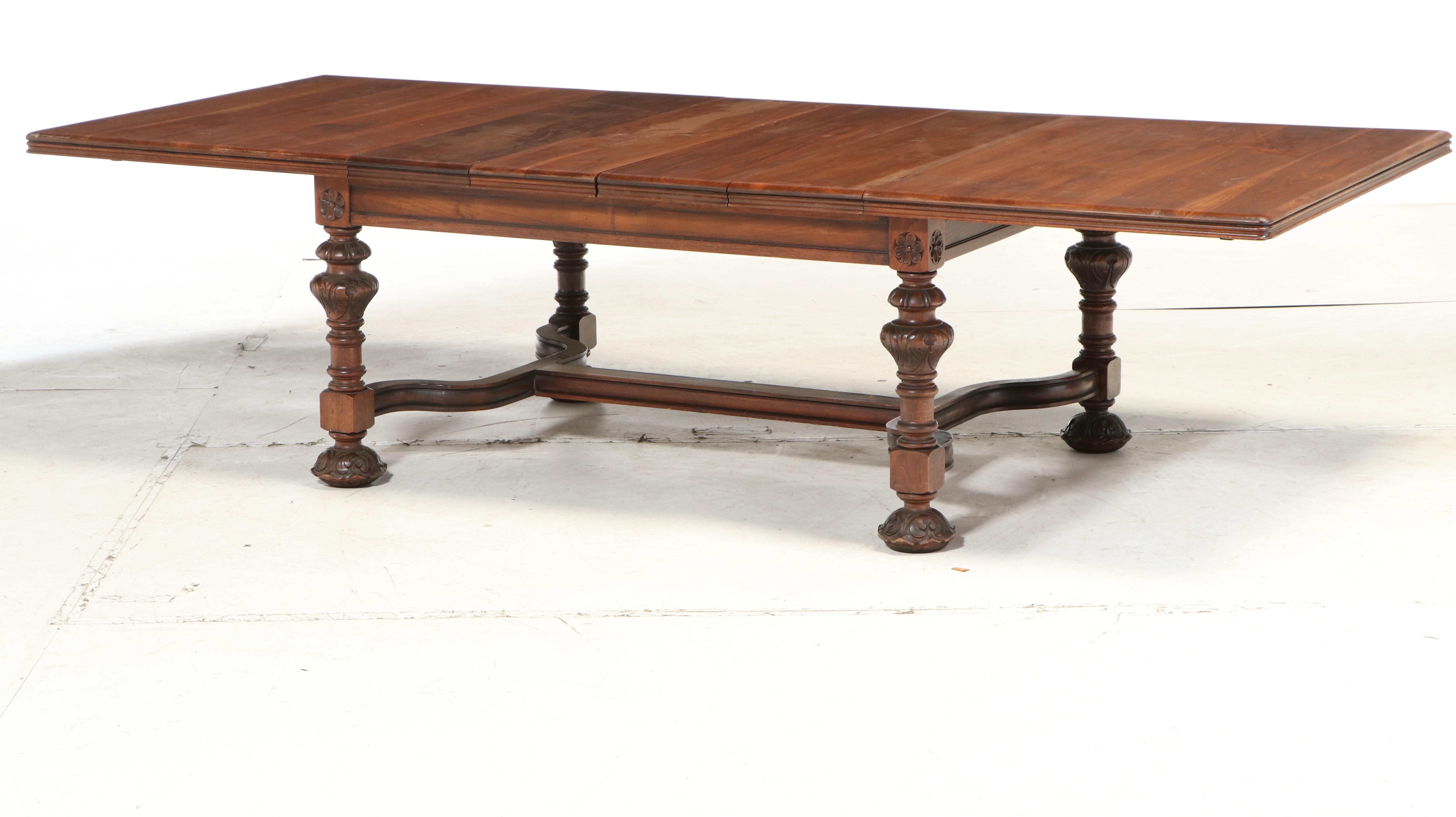 Jacobean Style Expandable Dining Table with Ten Chairs, Early 20th Century